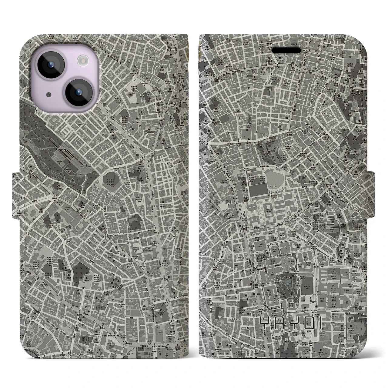 【弥生(東京都)】地図柄iPhoneケース(手帳タイプ)モノトーン・iPhone 14 用