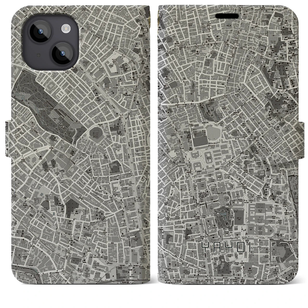 【弥生(東京都)】地図柄iPhoneケース(手帳タイプ)モノトーン・iPhone 14 Plus 用