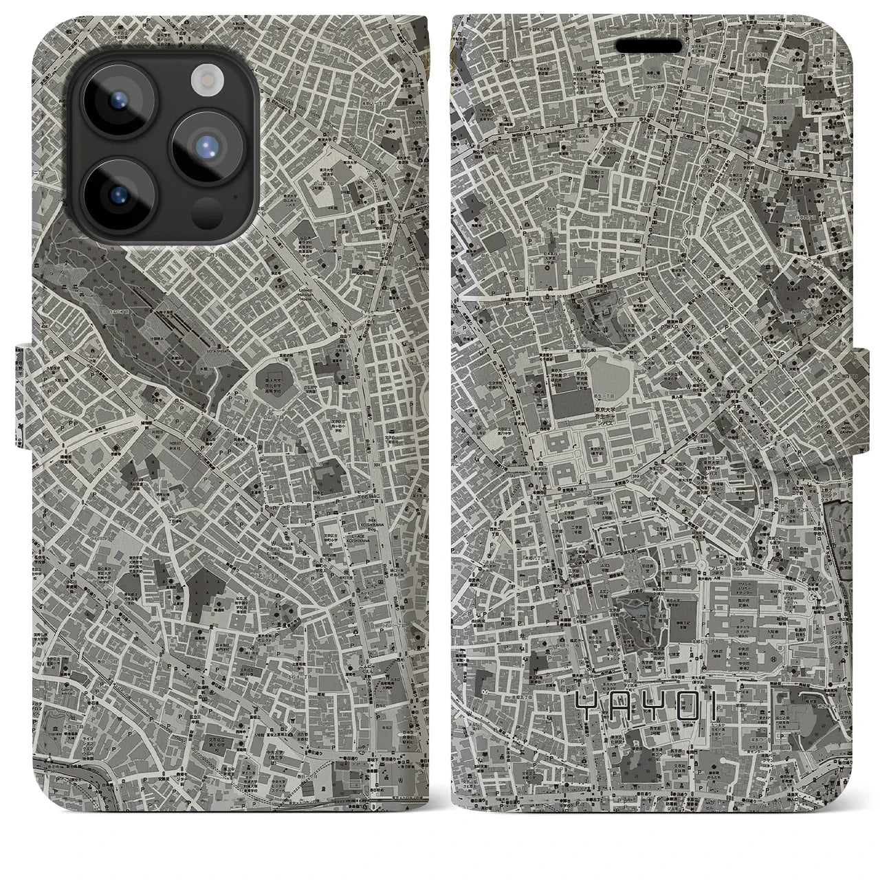 【弥生(東京都)】地図柄iPhoneケース(手帳タイプ)モノトーン・iPhone 15 Pro Max 用