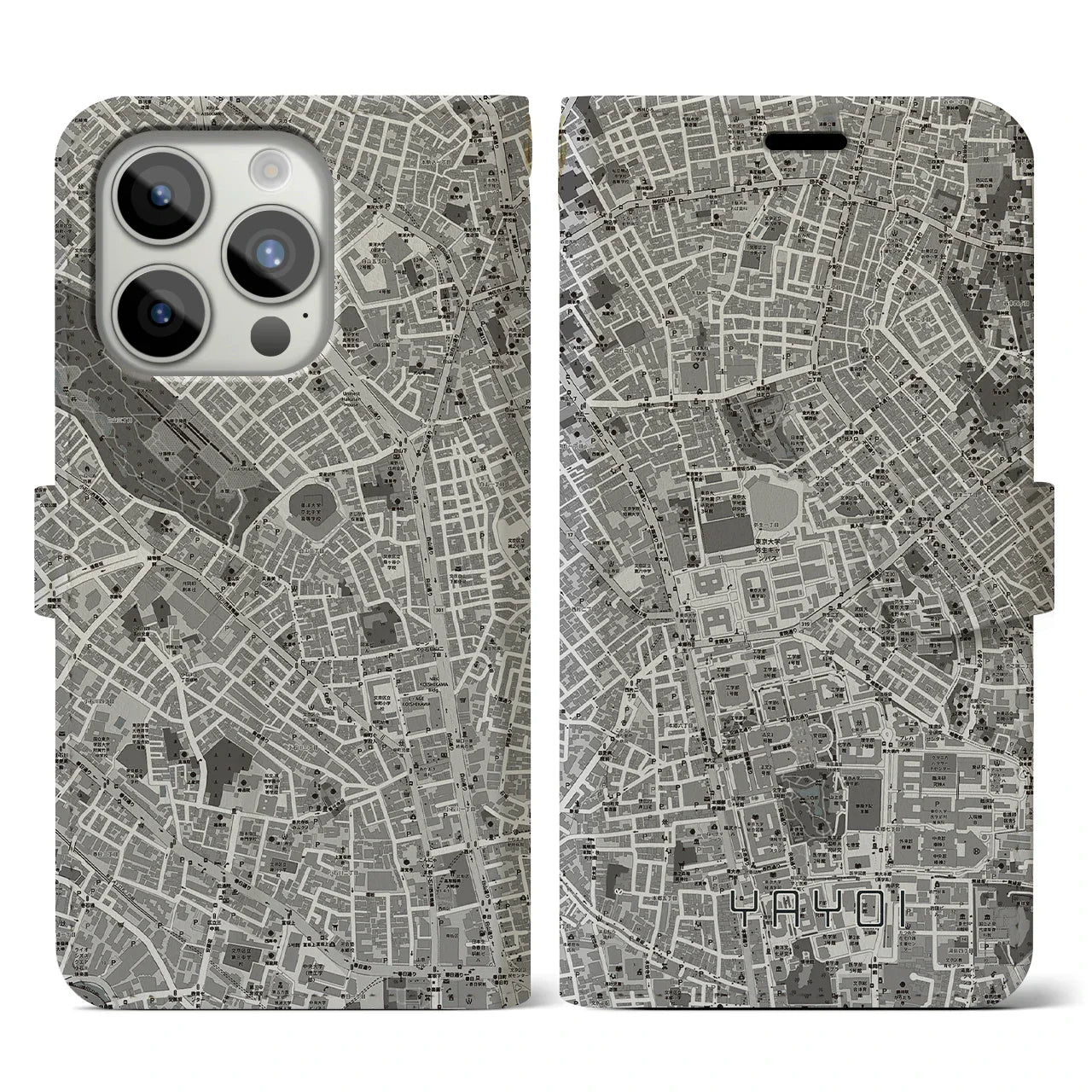 【弥生(東京都)】地図柄iPhoneケース(手帳タイプ)モノトーン・iPhone 15 Pro 用