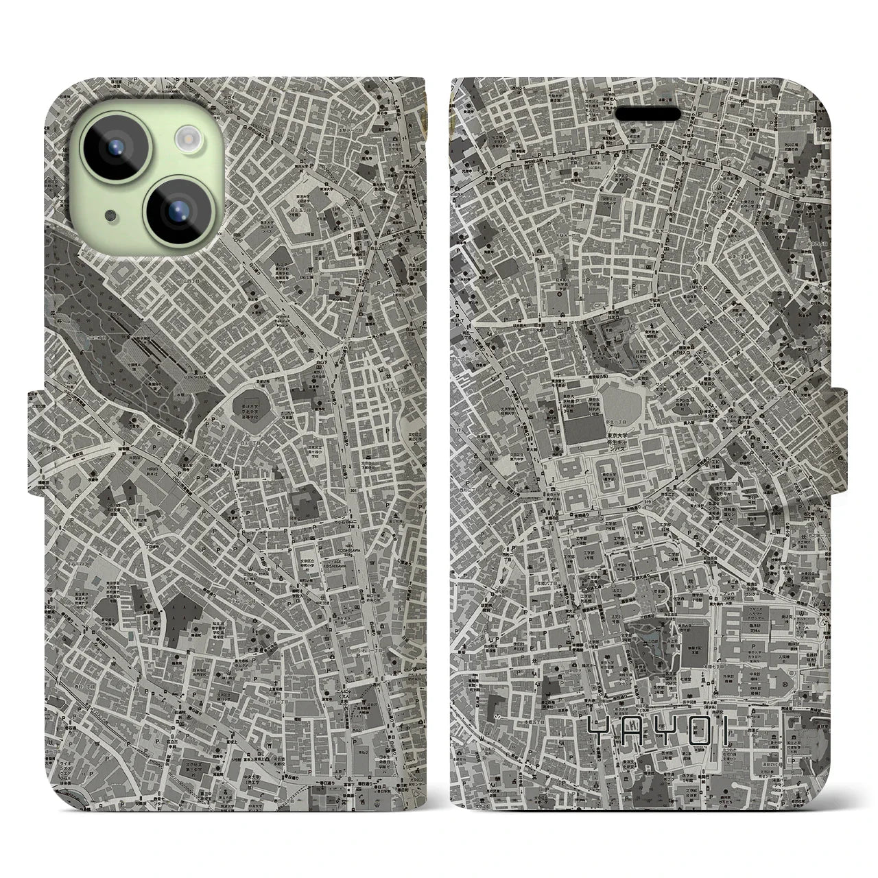 【弥生(東京都)】地図柄iPhoneケース(手帳タイプ)モノトーン・iPhone 15 用