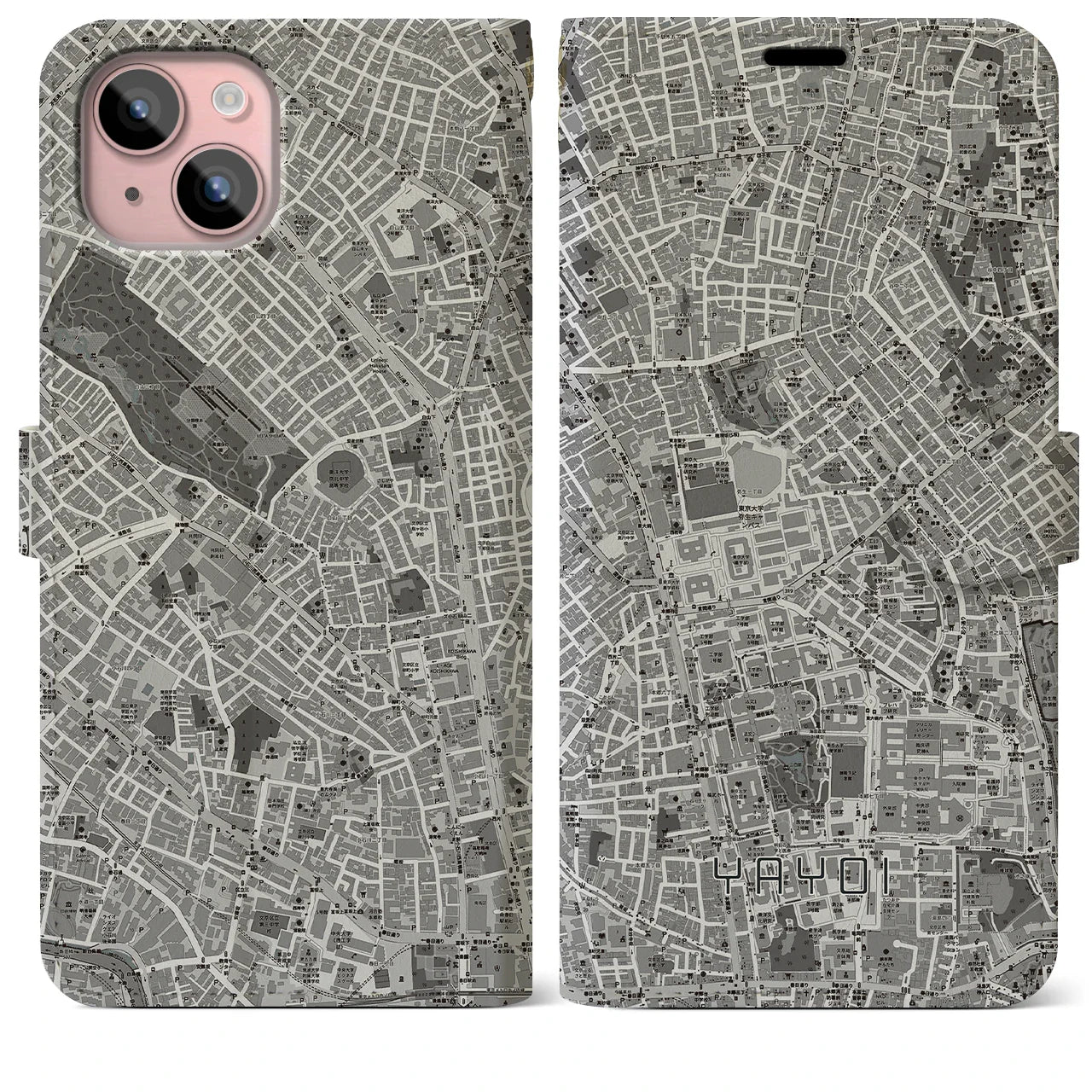 【弥生(東京都)】地図柄iPhoneケース(手帳タイプ)モノトーン・iPhone 15 Plus 用