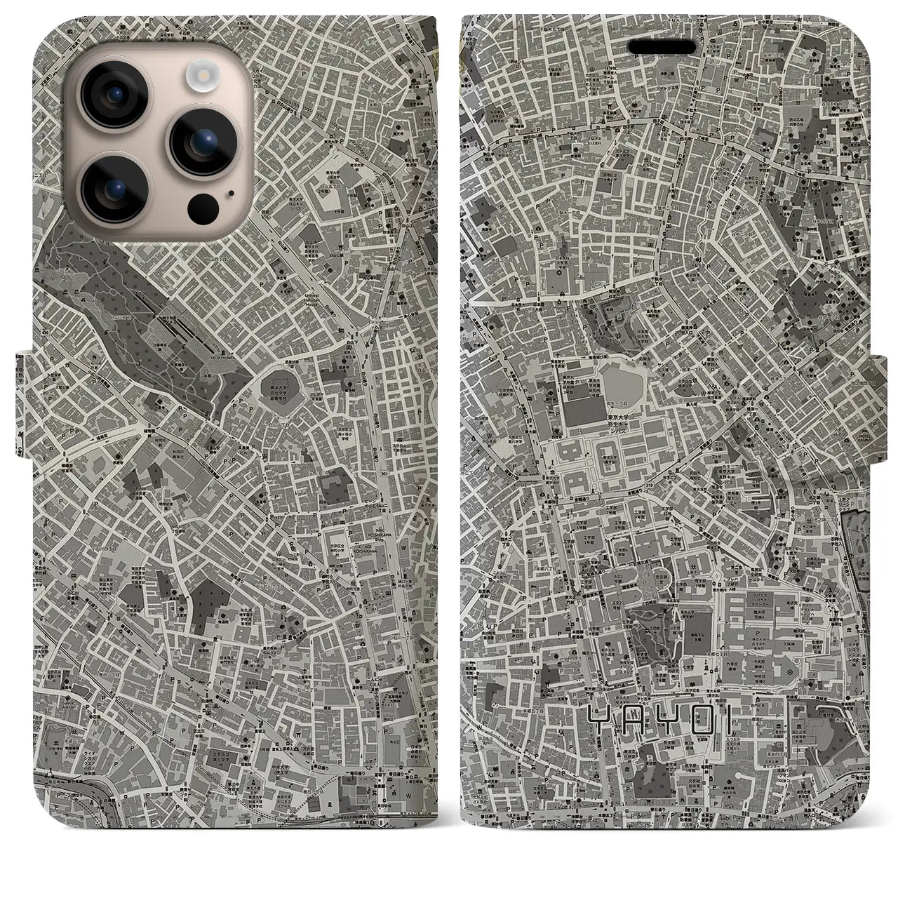 【弥生(東京都)】地図柄iPhoneケース(手帳タイプ)モノトーン・iPhone 16 Plus 用