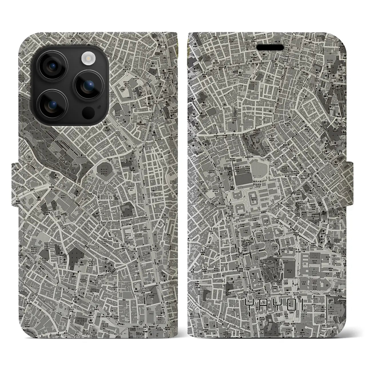 【弥生(東京都)】地図柄iPhoneケース(手帳タイプ)モノトーン・iPhone 16 用