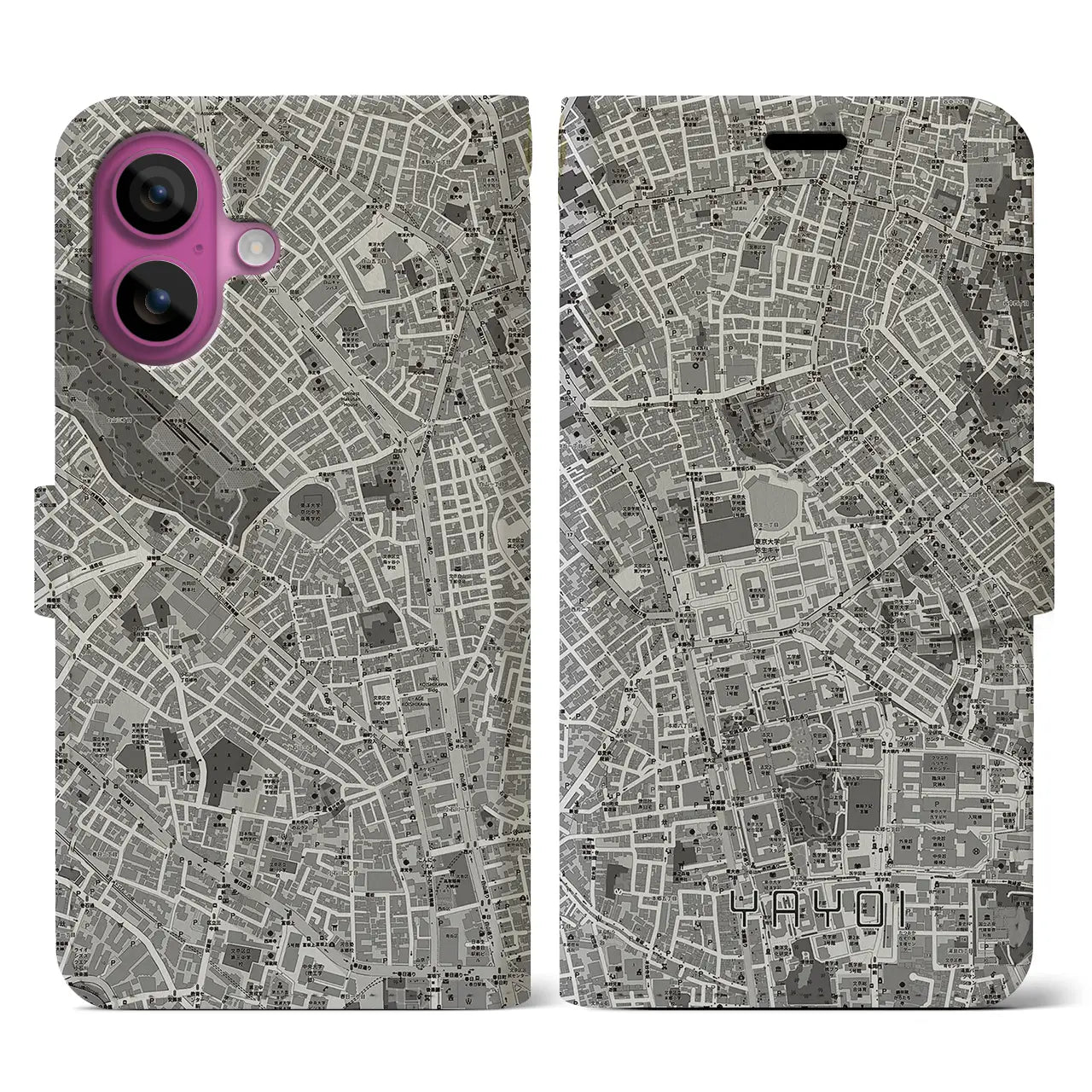 【弥生(東京都)】地図柄iPhoneケース(手帳タイプ)モノトーン・iPhone 16 Pro 用