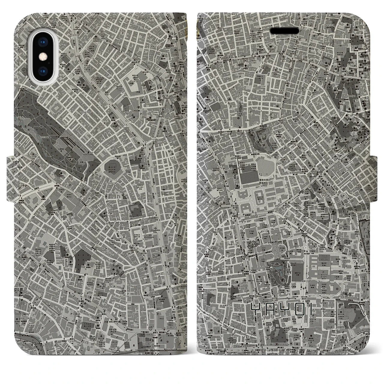 【弥生(東京都)】地図柄iPhoneケース(手帳タイプ)モノトーン・iPhone XS Max 用
