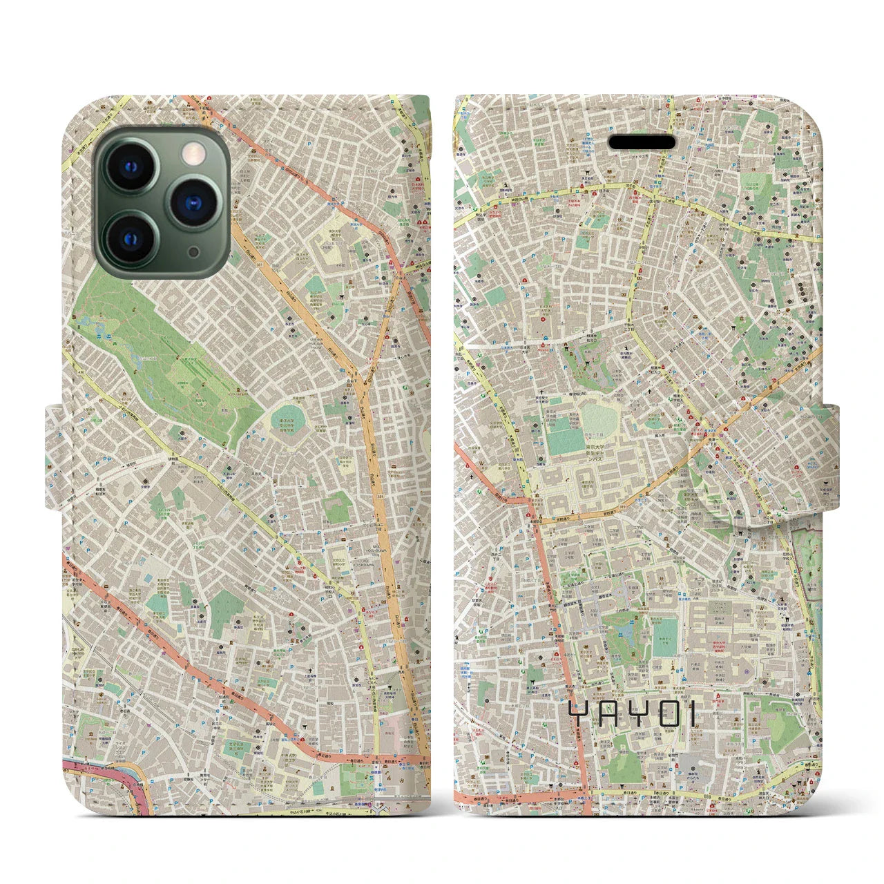 【弥生(東京都)】地図柄iPhoneケース(手帳タイプ)ナチュラル・iPhone 11 Pro 用