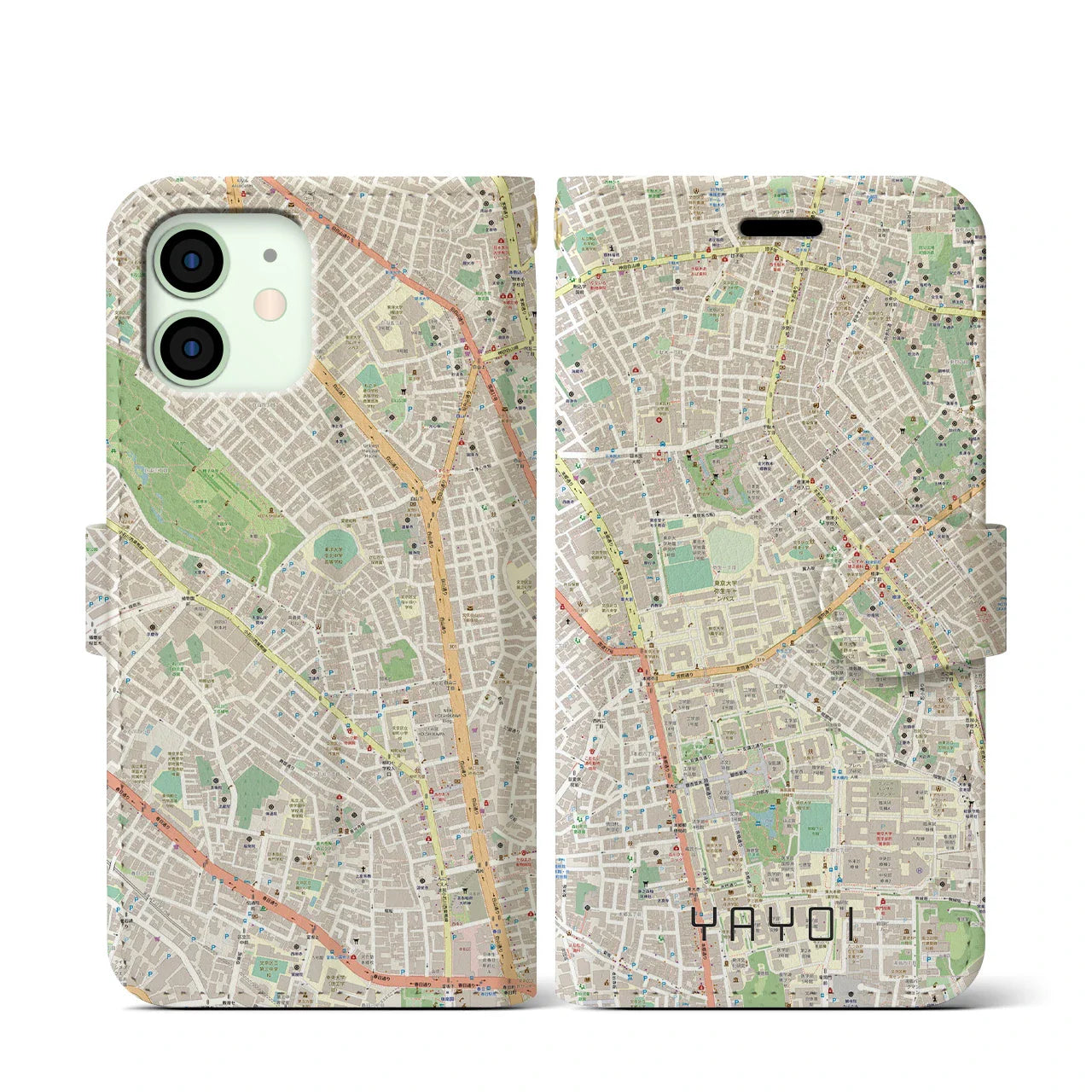 【弥生(東京都)】地図柄iPhoneケース(手帳タイプ)ナチュラル・iPhone 12 mini 用