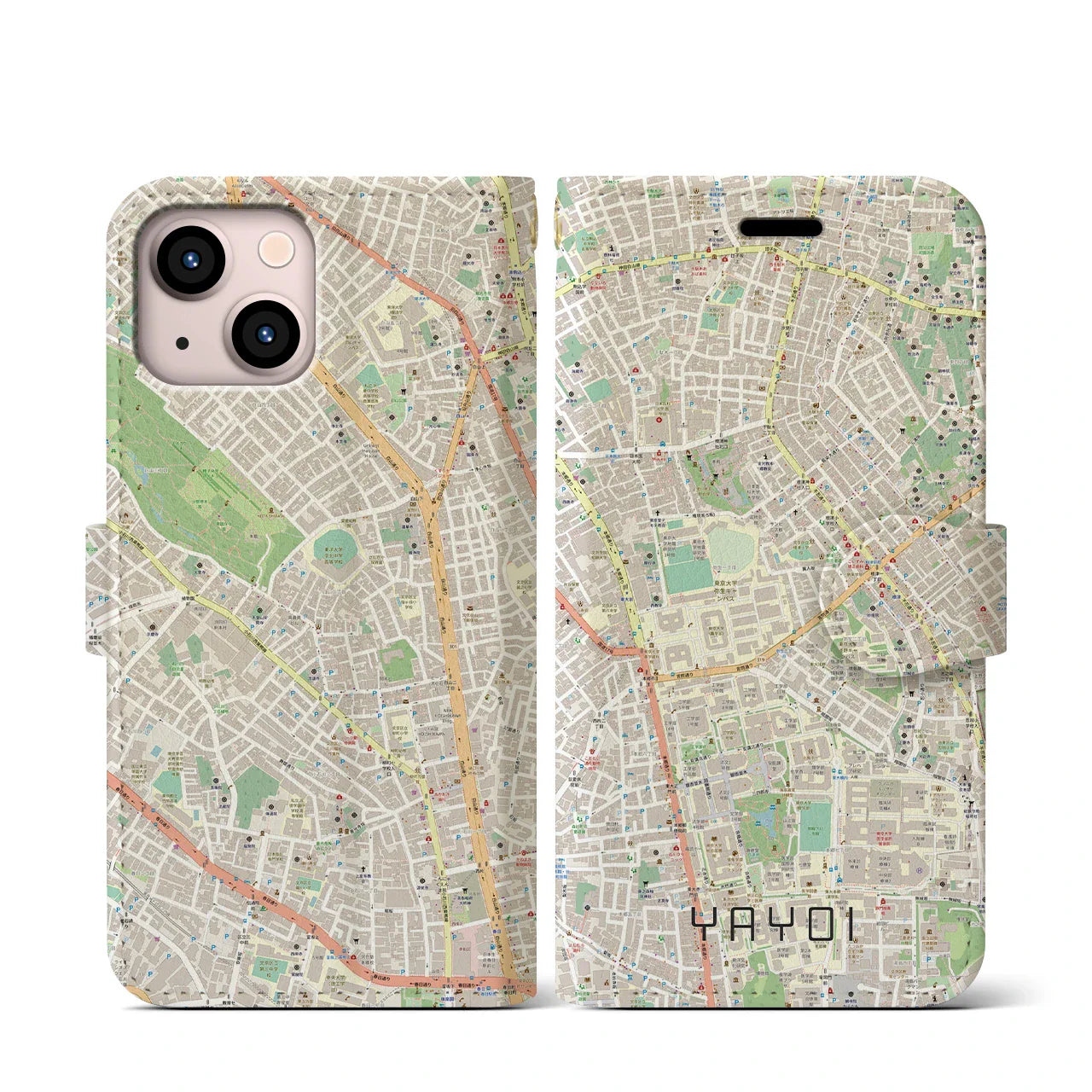 【弥生(東京都)】地図柄iPhoneケース(手帳タイプ)ナチュラル・iPhone 13 mini 用