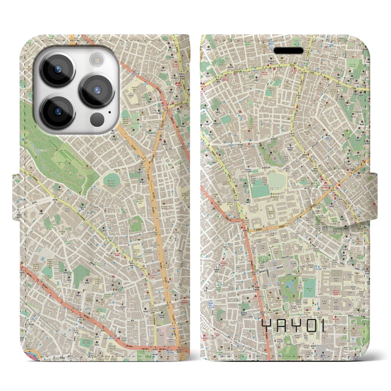 【弥生(東京都)】地図柄iPhoneケース(手帳タイプ)ナチュラル・iPhone 14 Pro 用