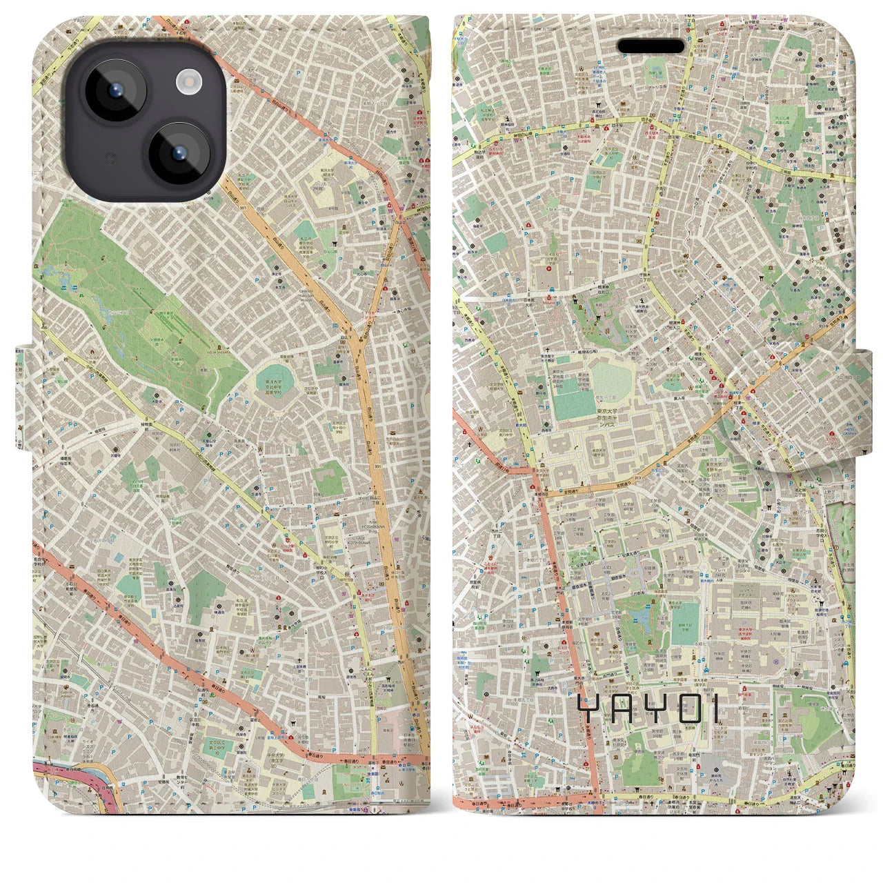 【弥生(東京都)】地図柄iPhoneケース(手帳タイプ)ナチュラル・iPhone 14 Plus 用