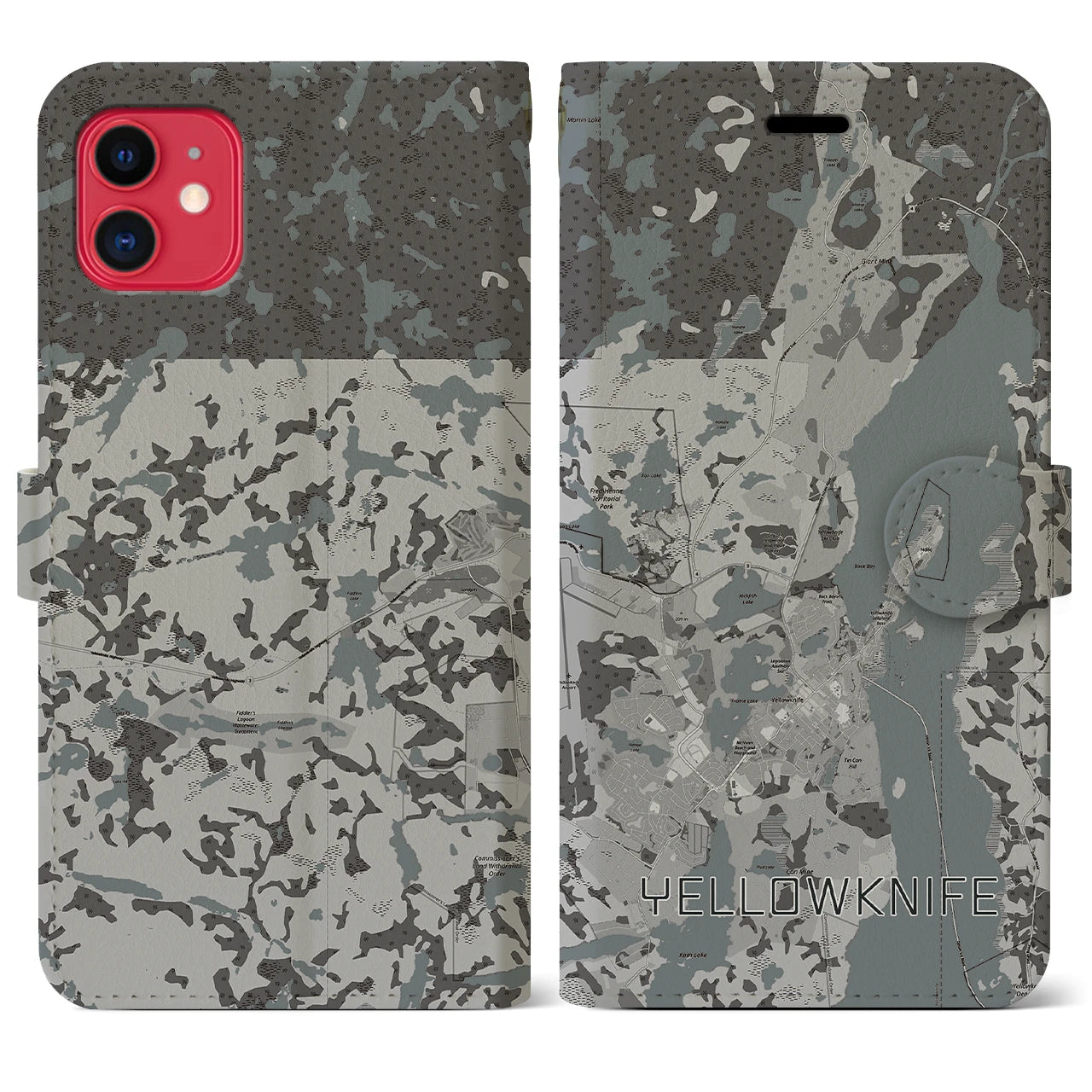 【イエローナイフ(カナダ)】地図柄iPhoneケース(手帳タイプ)モノトーン・iPhone 11 用