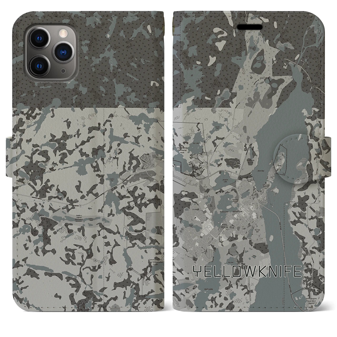 【イエローナイフ(カナダ)】地図柄iPhoneケース(手帳タイプ)モノトーン・iPhone 11 Pro Max 用