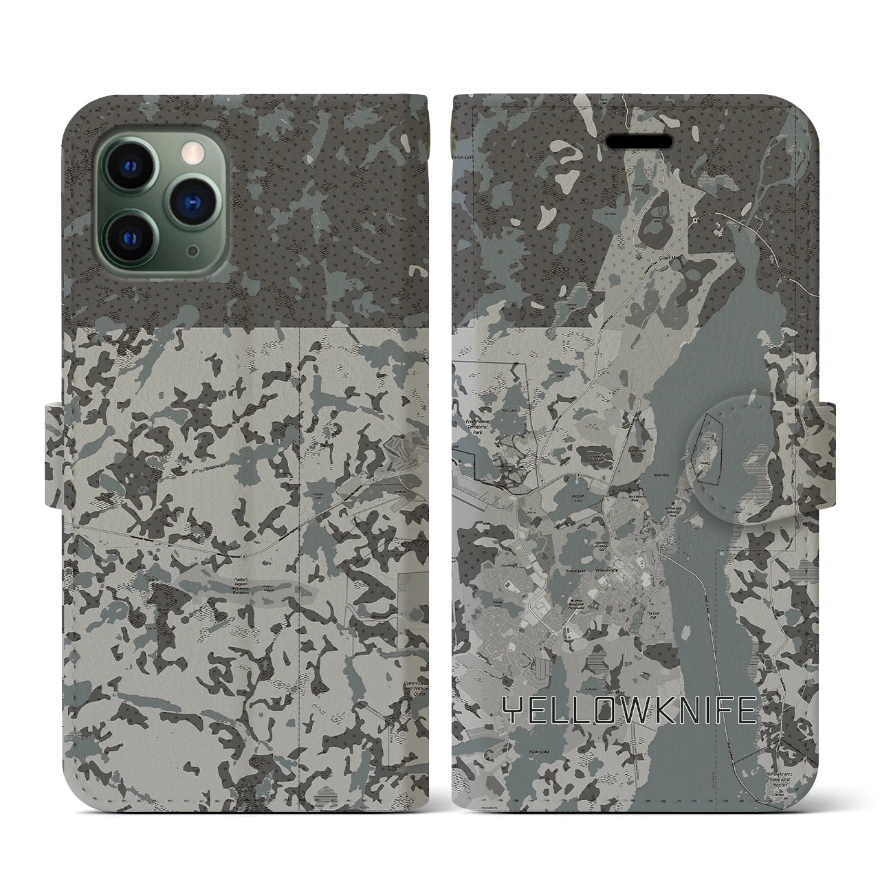 【イエローナイフ(カナダ)】地図柄iPhoneケース(手帳タイプ)モノトーン・iPhone 11 Pro 用