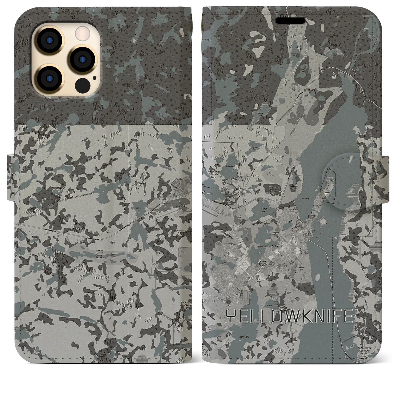 【イエローナイフ(カナダ)】地図柄iPhoneケース(手帳タイプ)