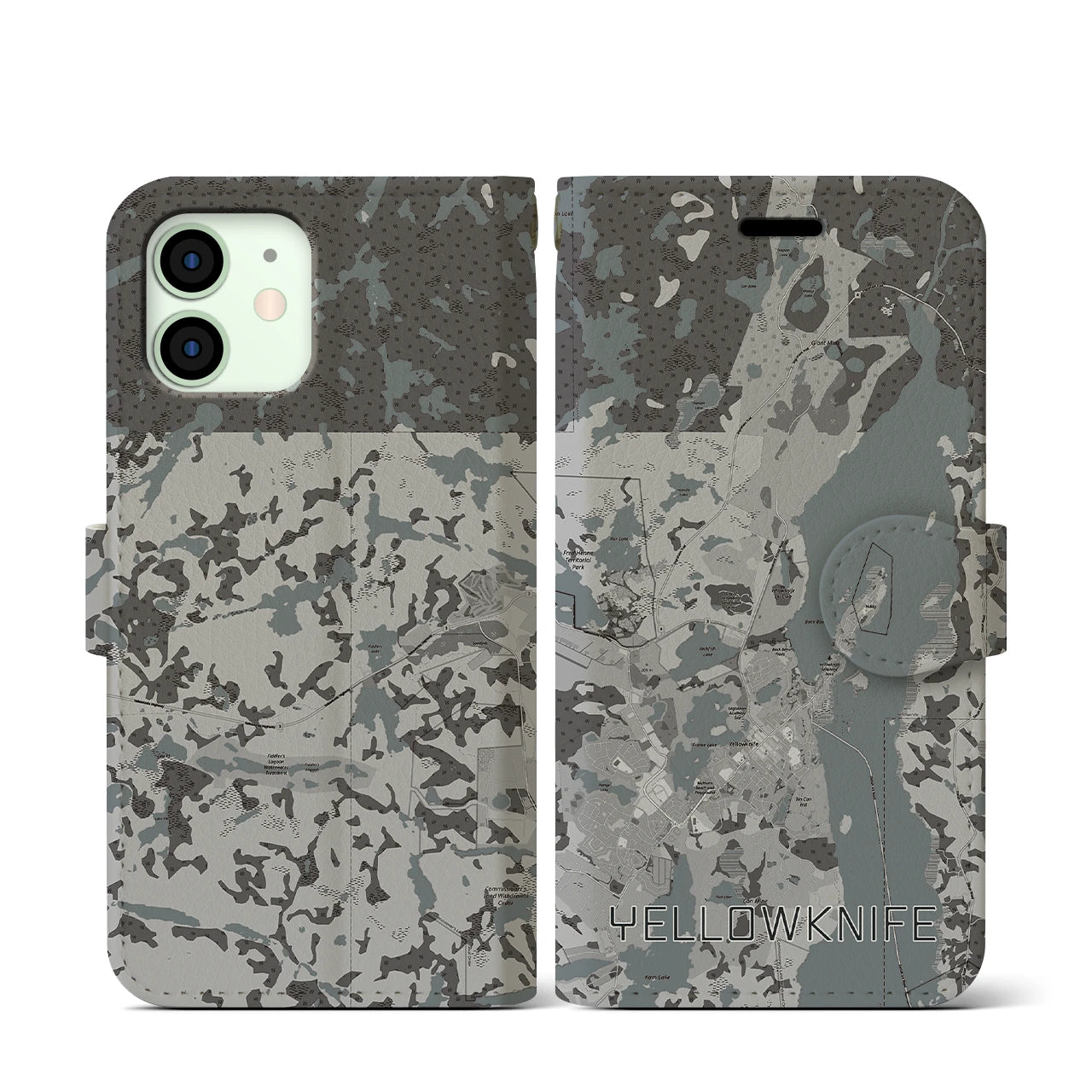 【イエローナイフ(カナダ)】地図柄iPhoneケース(手帳タイプ)モノトーン・iPhone 12 mini 用