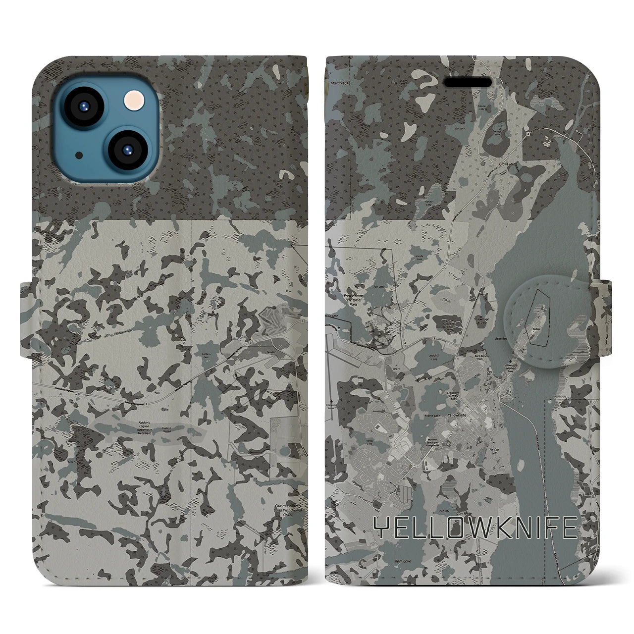 【イエローナイフ(カナダ)】地図柄iPhoneケース(手帳タイプ)モノトーン・iPhone 13 用