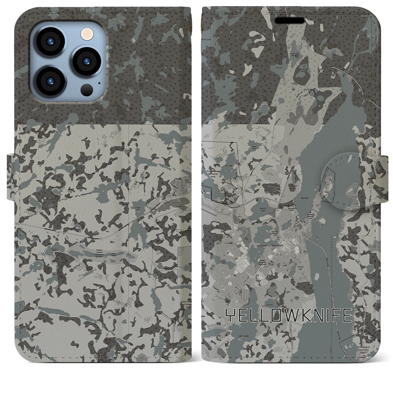 【イエローナイフ(カナダ)】地図柄iPhoneケース(手帳タイプ)モノトーン・iPhone 13 Pro Max 用
