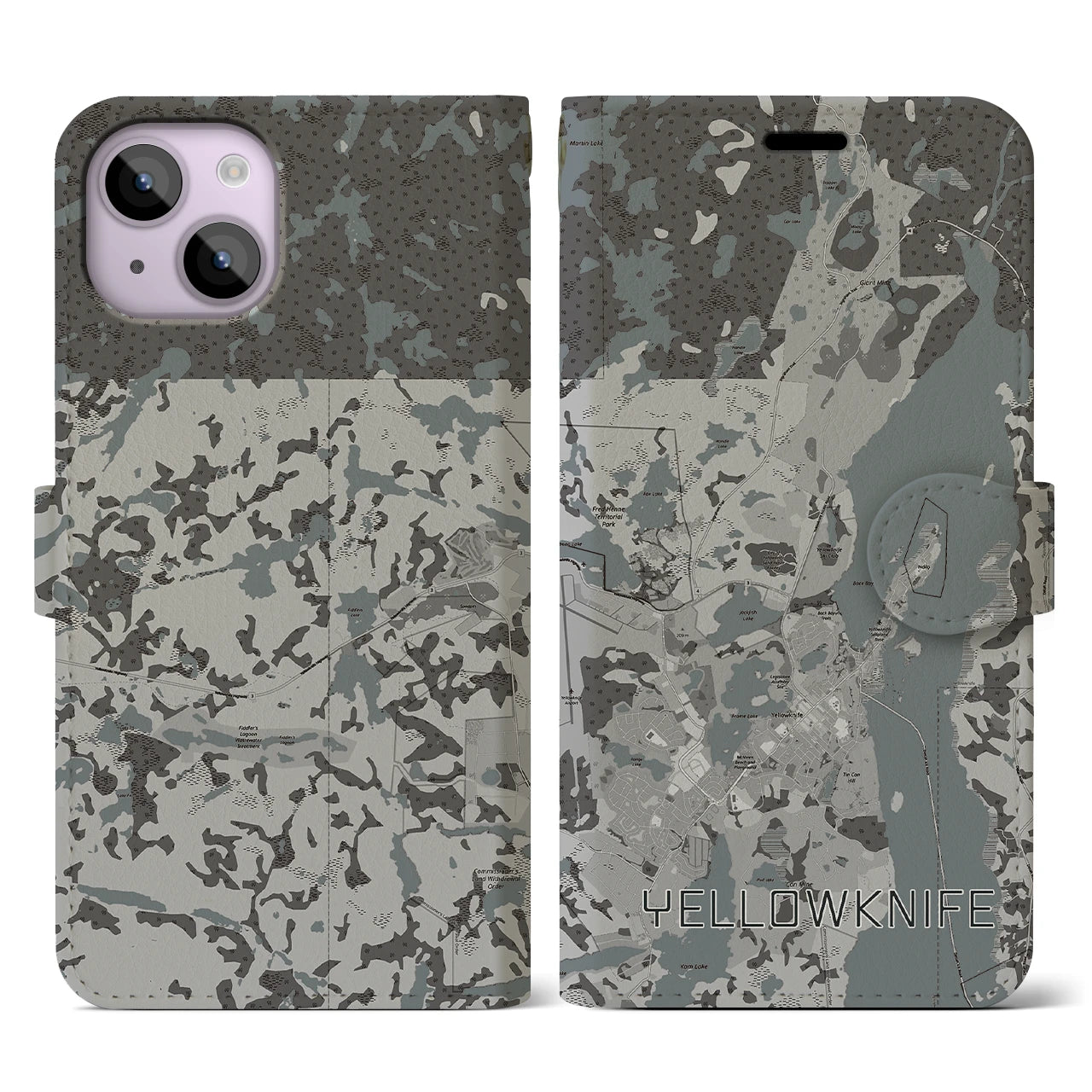 【イエローナイフ(カナダ)】地図柄iPhoneケース(手帳タイプ)