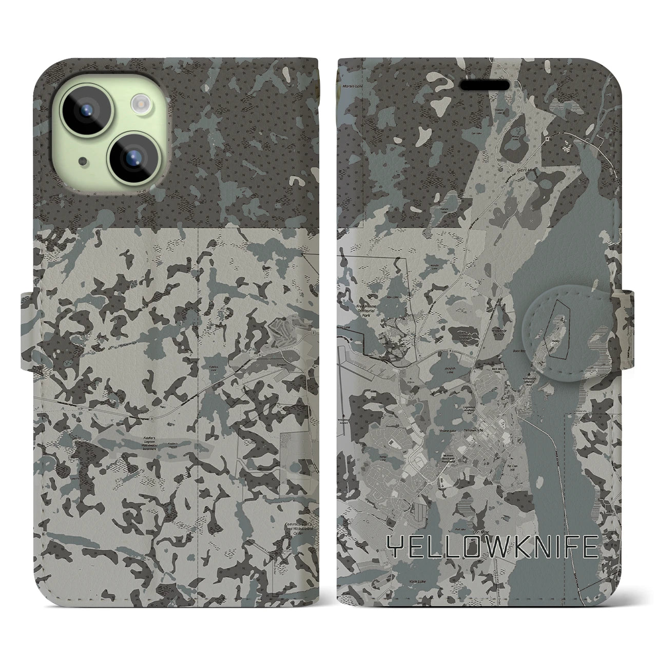 【イエローナイフ(カナダ)】地図柄iPhoneケース(手帳タイプ)モノトーン・iPhone 15 用