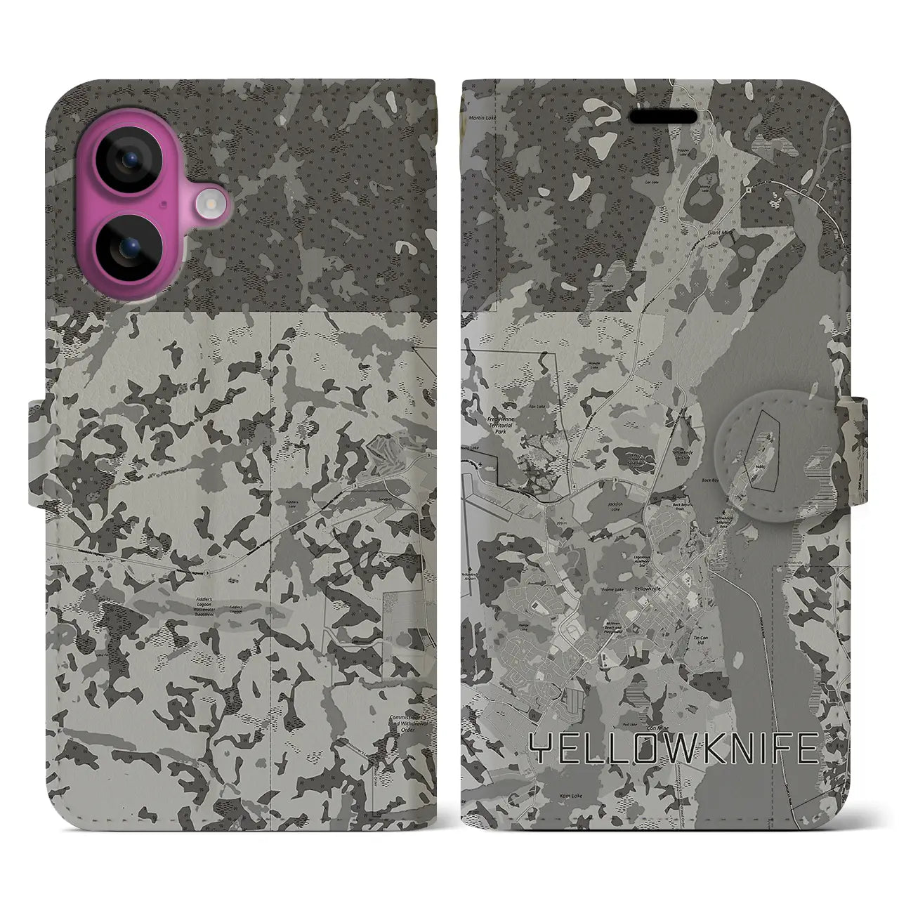 【イエローナイフ(カナダ)】地図柄iPhoneケース(手帳タイプ)モノトーン・iPhone 16 Pro 用