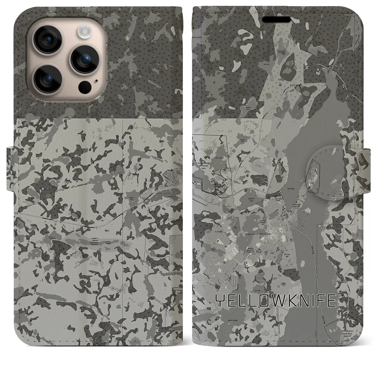 【イエローナイフ(カナダ)】地図柄iPhoneケース(手帳タイプ)モノトーン・iPhone 16 Plus 用