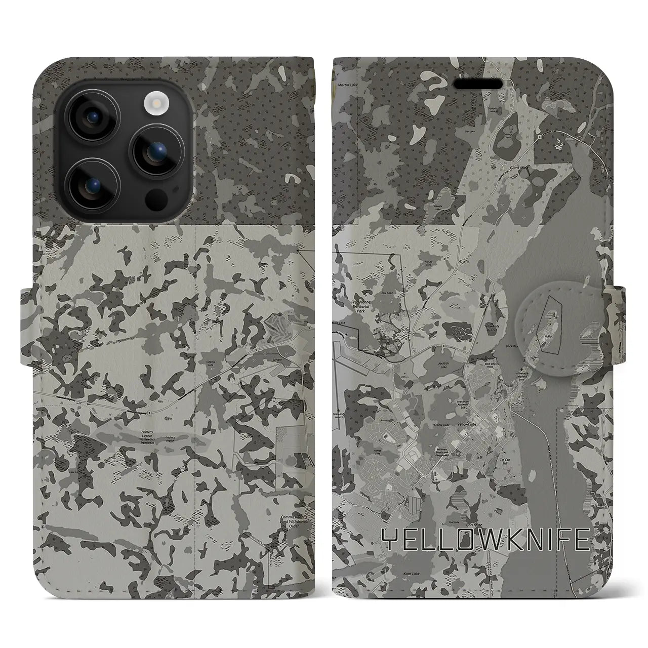 【イエローナイフ(カナダ)】地図柄iPhoneケース(手帳タイプ)モノトーン・iPhone 16 用