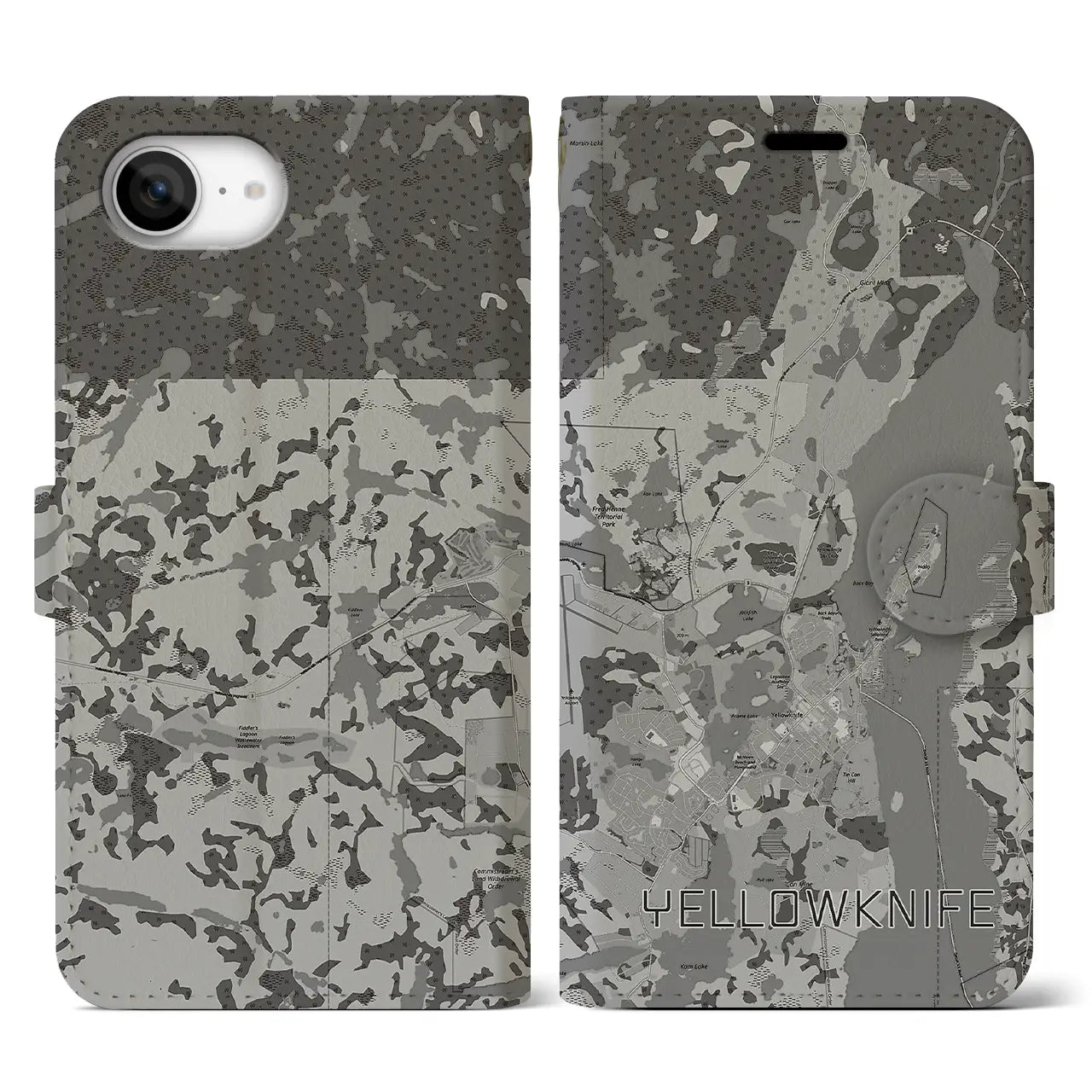 【イエローナイフ(カナダ)】地図柄iPhoneケース(手帳タイプ)