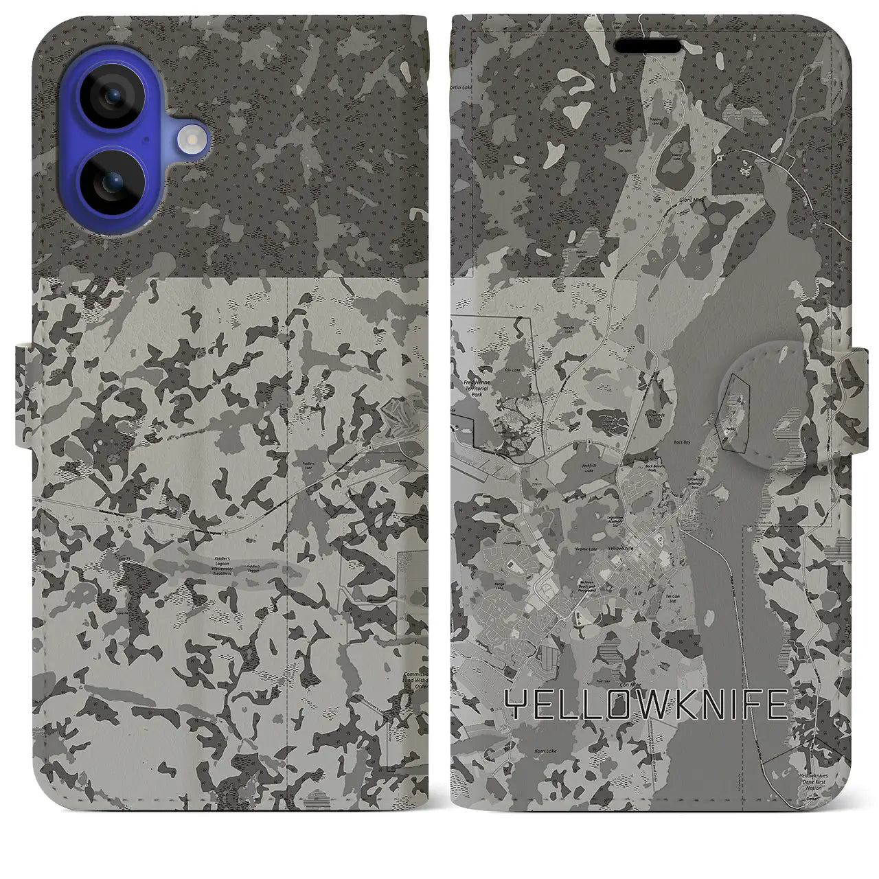 【イエローナイフ(カナダ)】地図柄iPhoneケース(手帳タイプ)モノトーン・iPhone 16 Pro Max 用