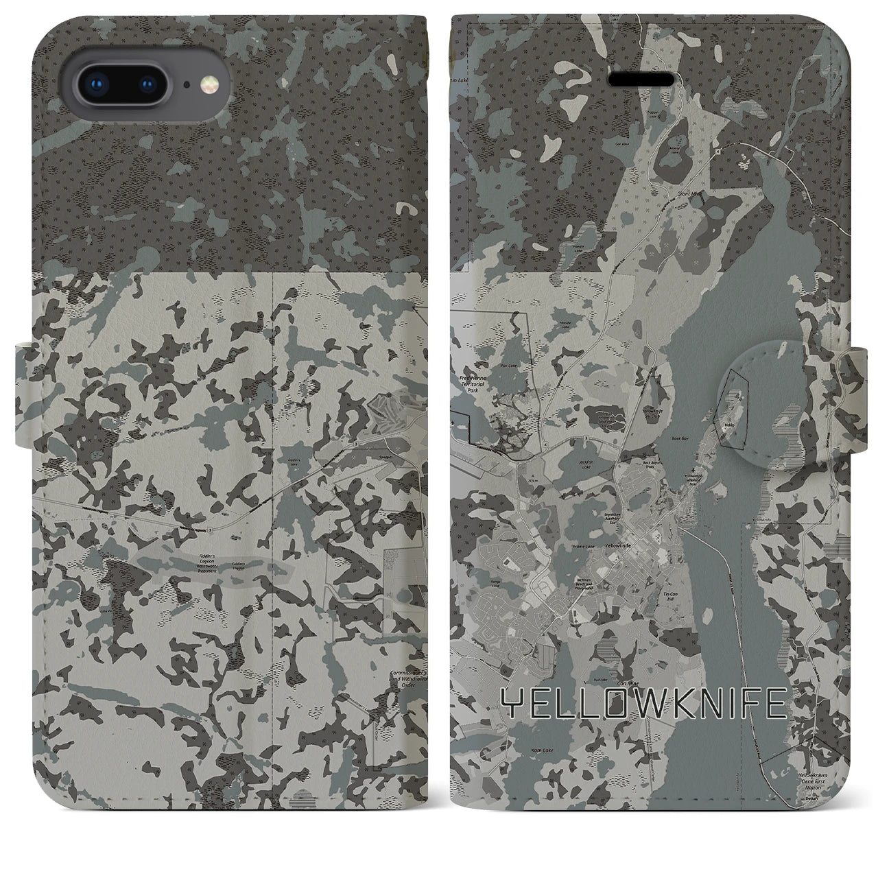 【イエローナイフ(カナダ)】地図柄iPhoneケース(手帳タイプ)モノトーン・iPhone 8Plus /7Plus / 6sPlus / 6Plus 用