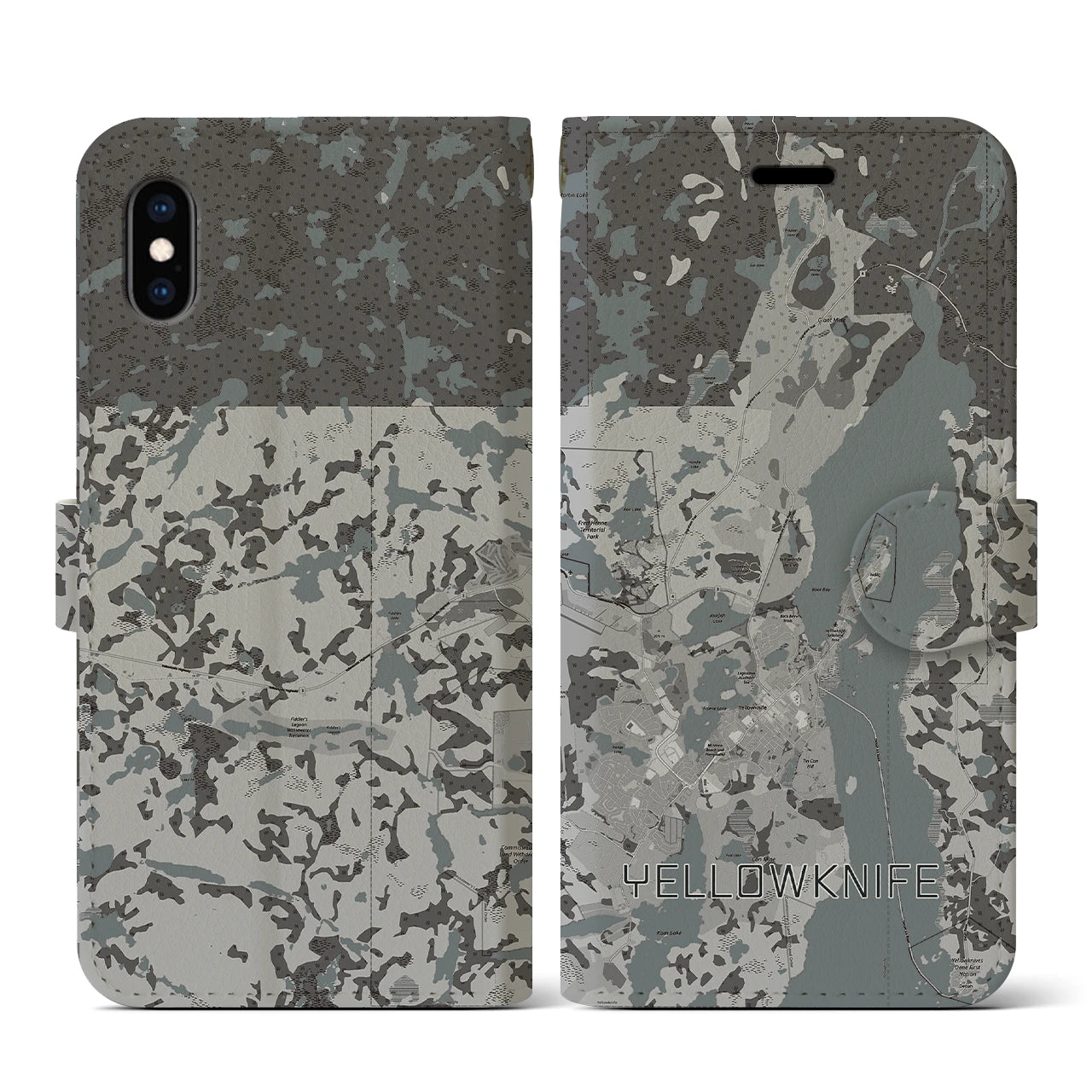 【イエローナイフ(カナダ)】地図柄iPhoneケース(手帳タイプ)モノトーン・iPhone XS / X 用