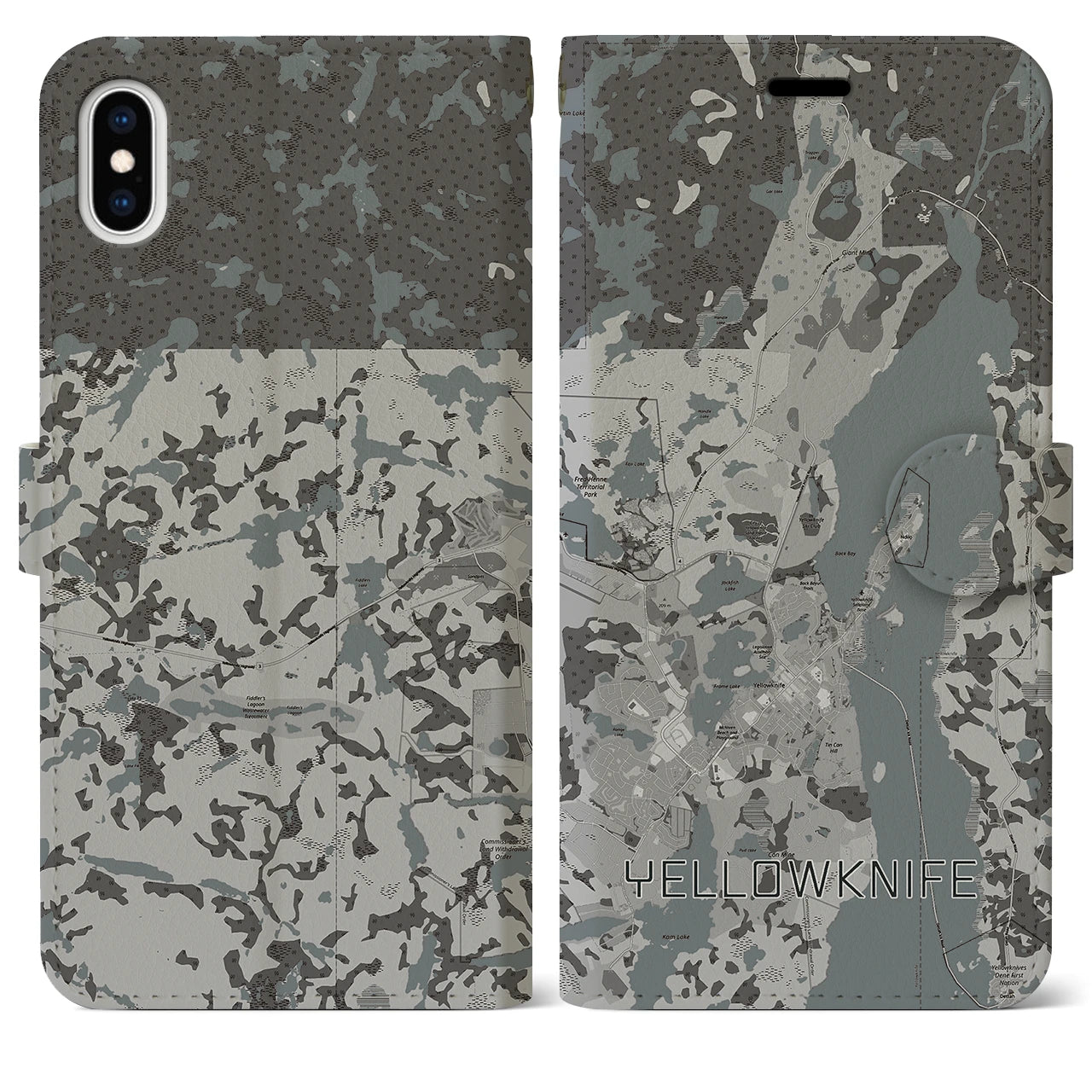 【イエローナイフ(カナダ)】地図柄iPhoneケース(手帳タイプ)モノトーン・iPhone XS Max 用
