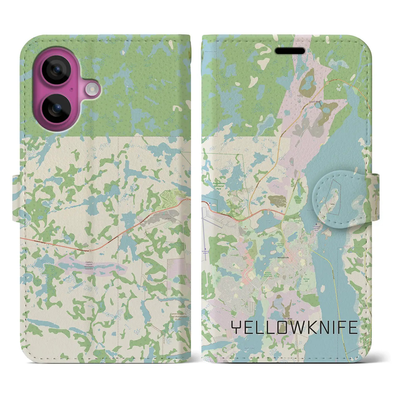 【イエローナイフ(カナダ)】地図柄iPhoneケース(手帳タイプ)ナチュラル・iPhone 16 Pro 用