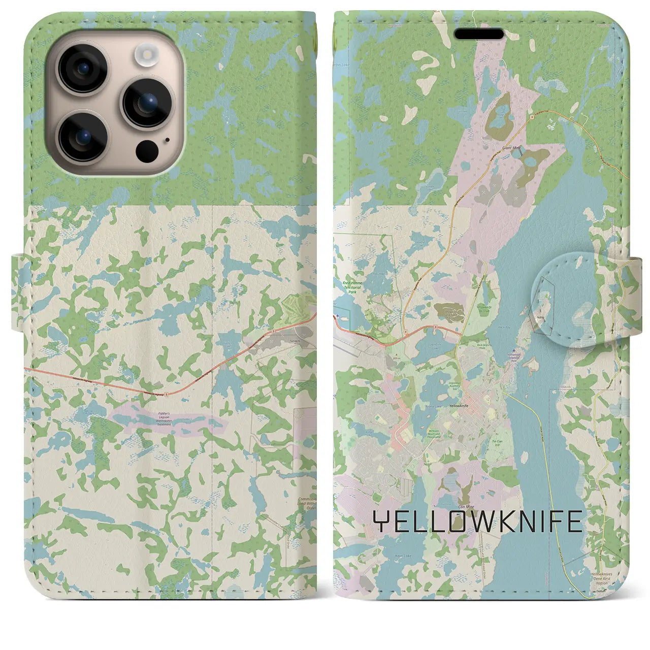 【イエローナイフ(カナダ)】地図柄iPhoneケース(手帳タイプ)ナチュラル・iPhone 16 Plus 用