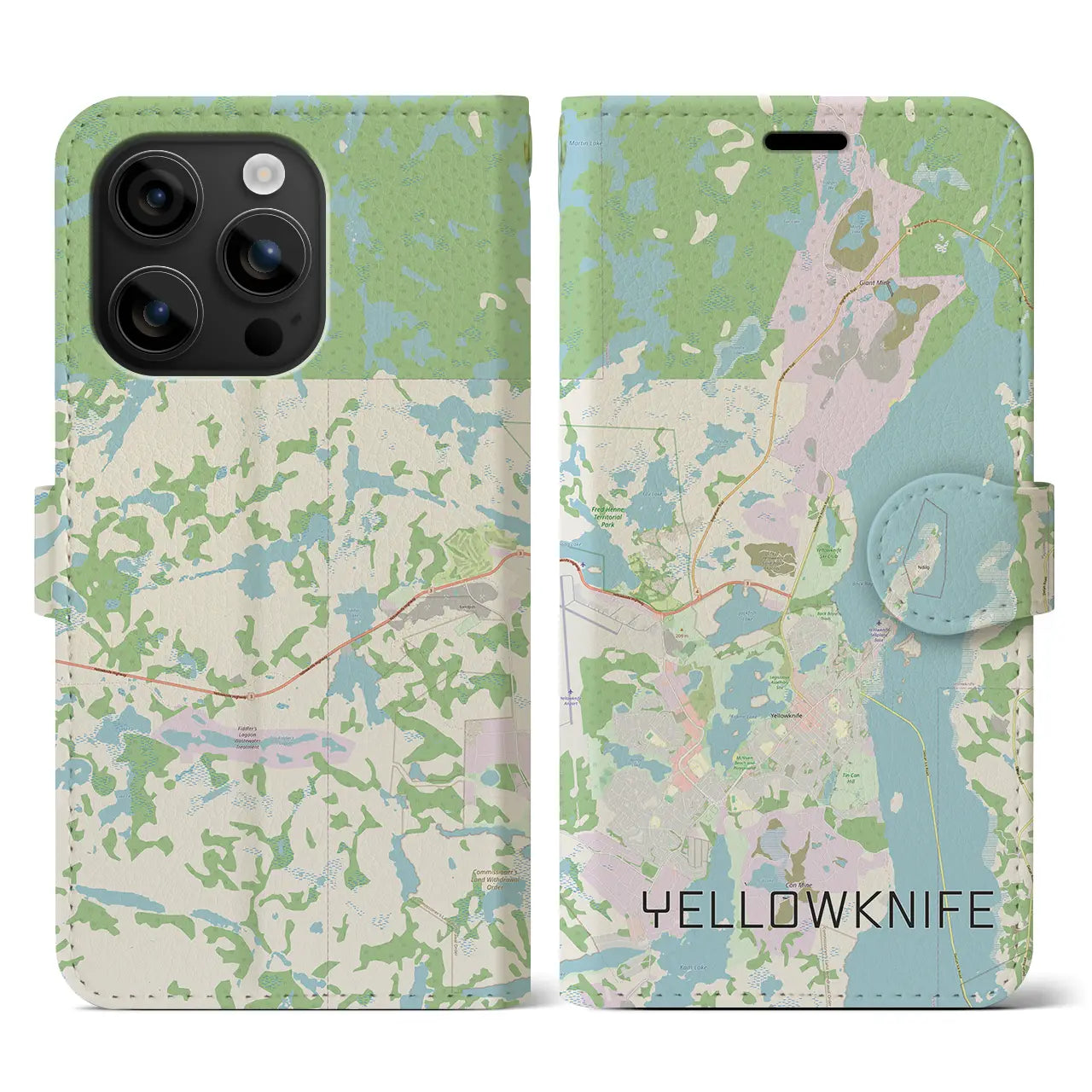 【イエローナイフ(カナダ)】地図柄iPhoneケース(手帳タイプ)ナチュラル・iPhone 16 用