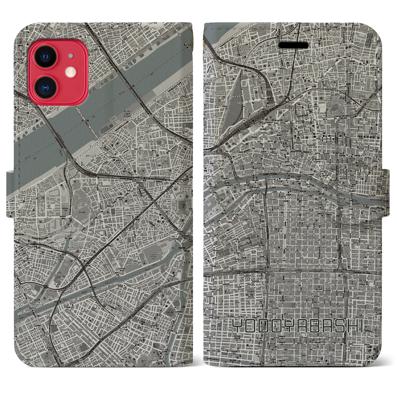 【淀屋橋(大阪府)】地図柄iPhoneケース(手帳タイプ)モノトーン・iPhone 11 用