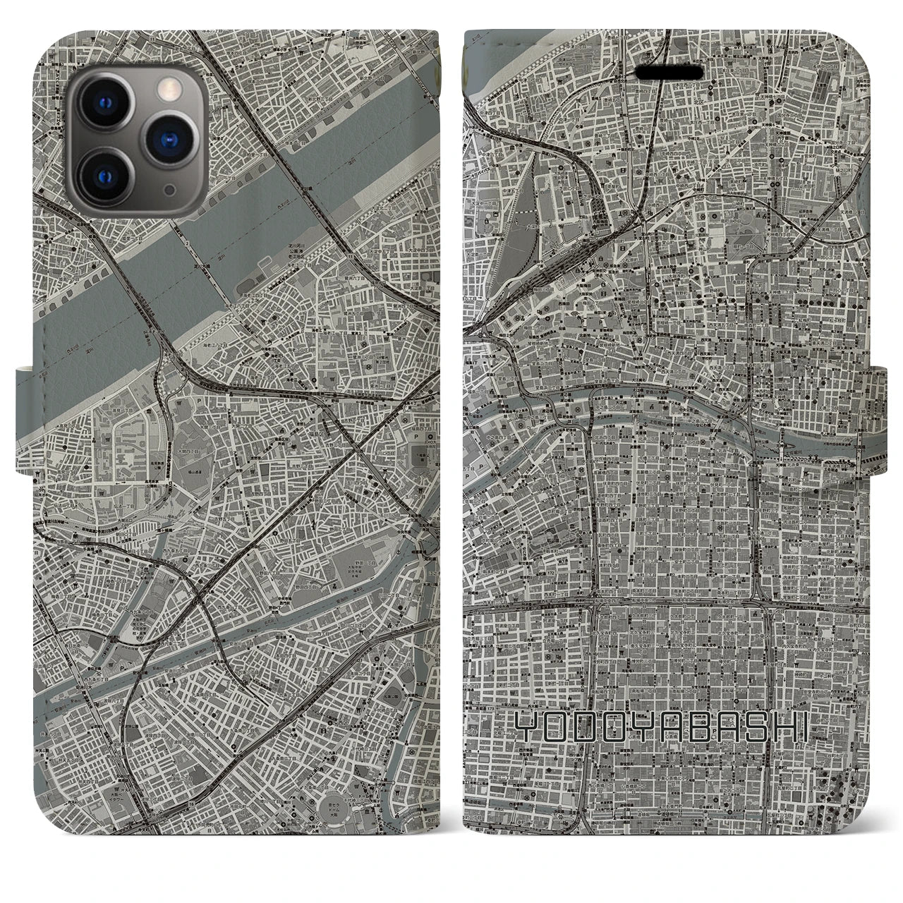 【淀屋橋(大阪府)】地図柄iPhoneケース(手帳タイプ)モノトーン・iPhone 11 Pro Max 用
