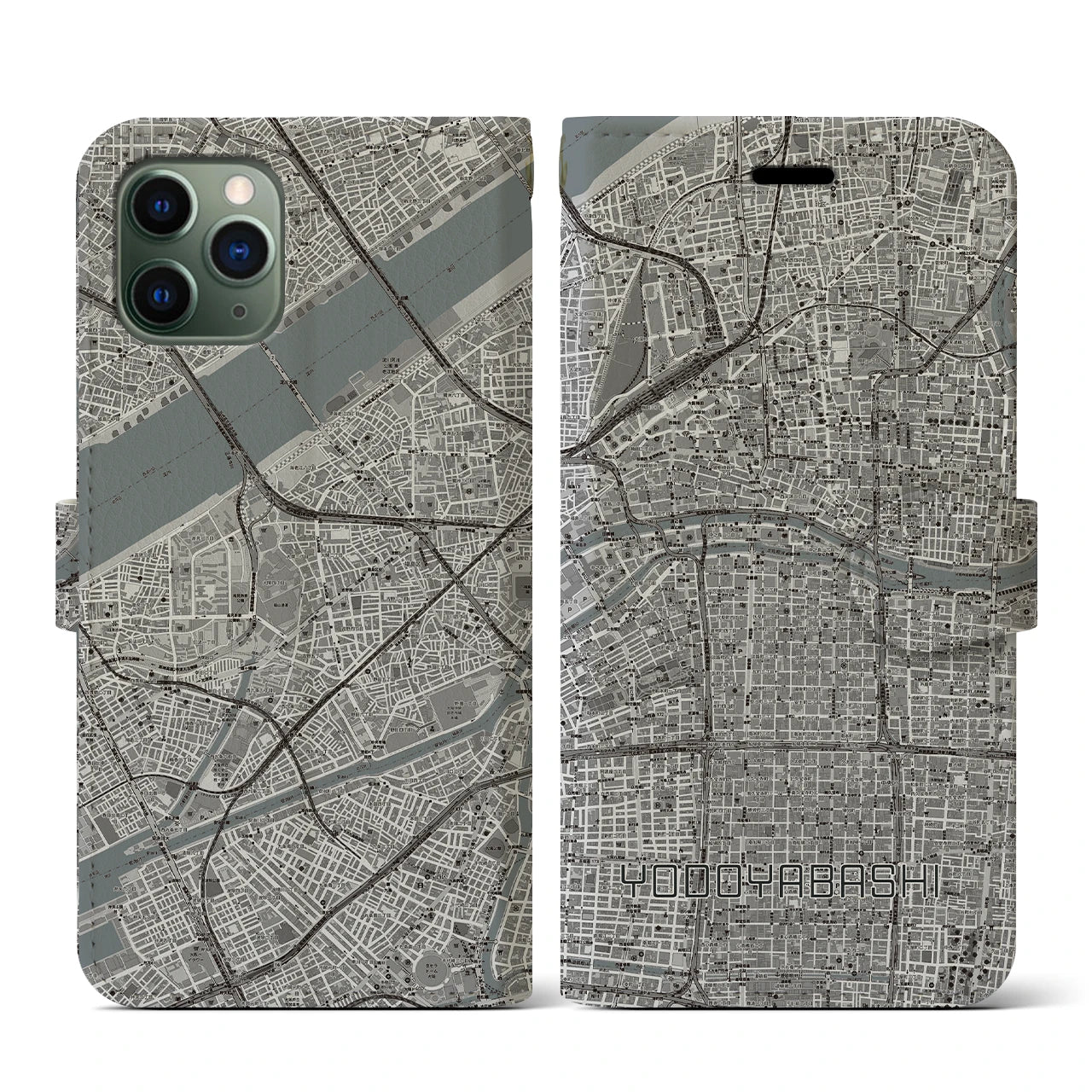 【淀屋橋(大阪府)】地図柄iPhoneケース(手帳タイプ)モノトーン・iPhone 11 Pro 用