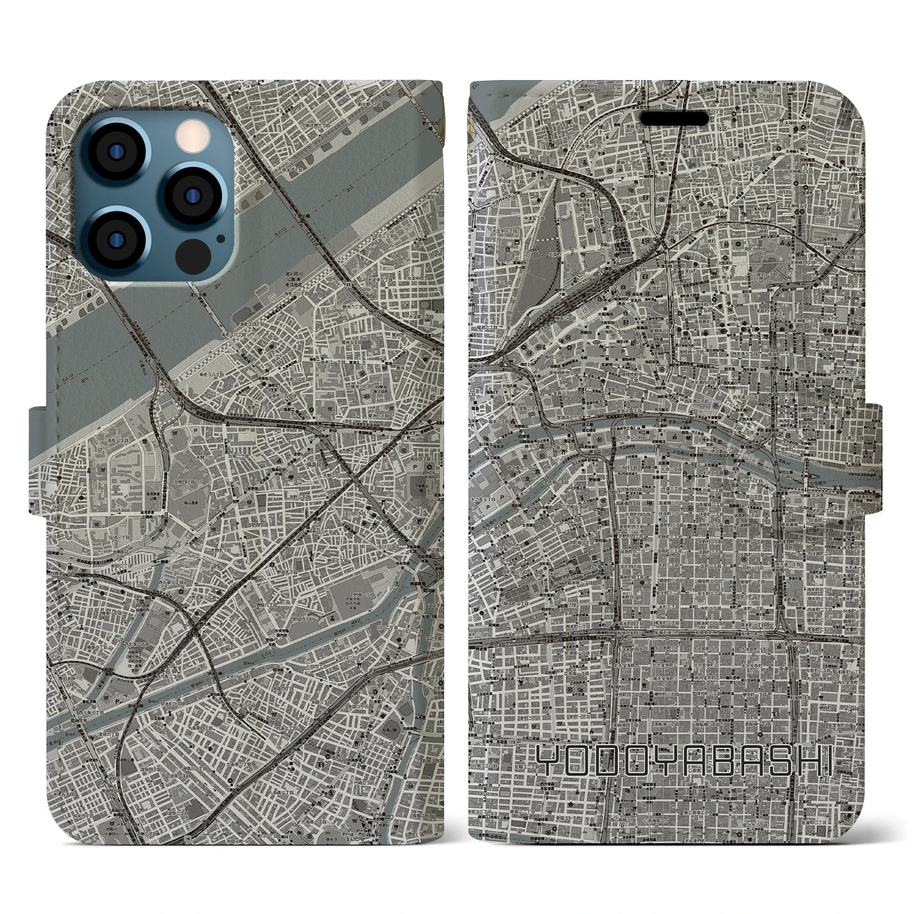 【淀屋橋(大阪府)】地図柄iPhoneケース(手帳タイプ)モノトーン・iPhone 12 / 12 Pro 用