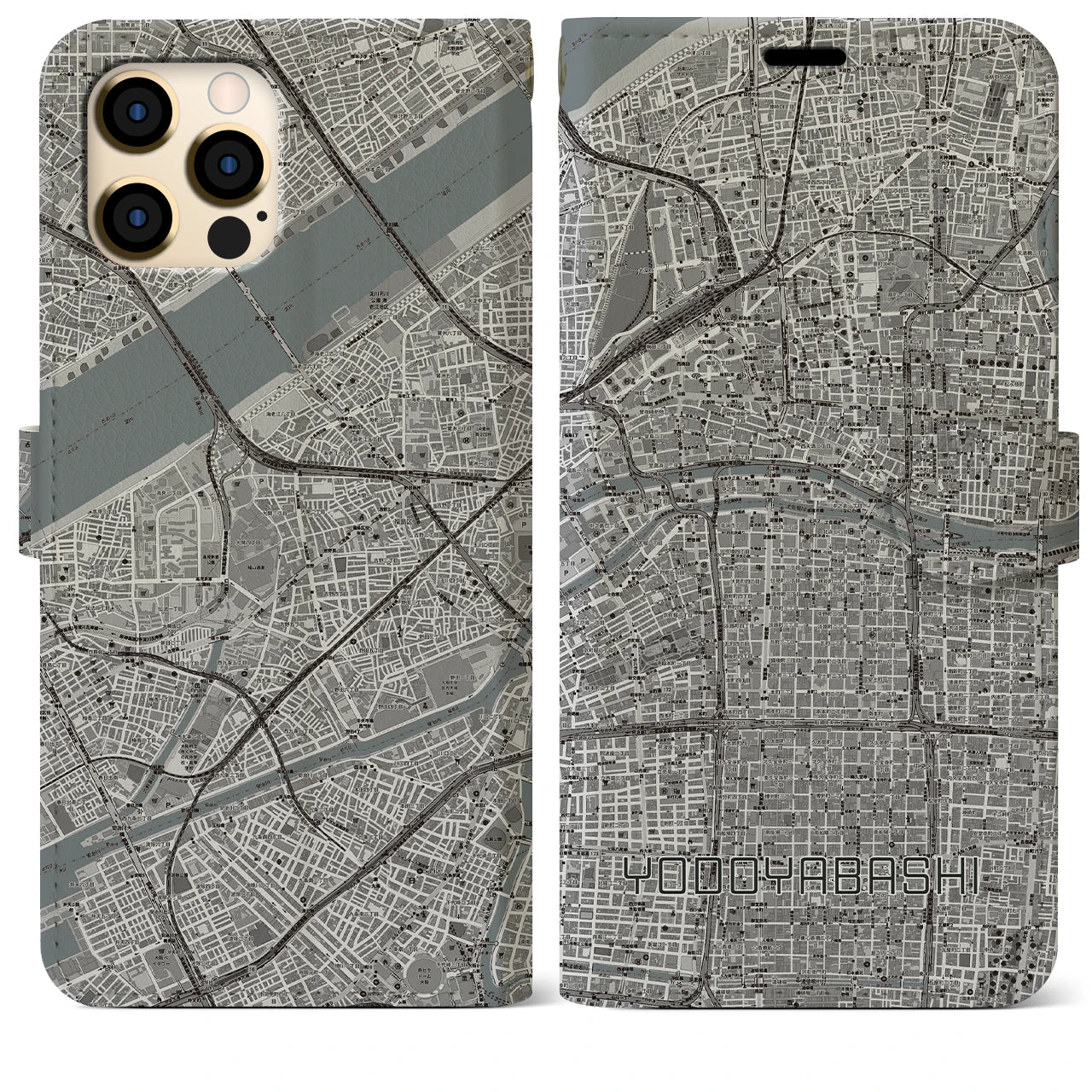 【淀屋橋(大阪府)】地図柄iPhoneケース(手帳タイプ)モノトーン・iPhone 12 Pro Max 用