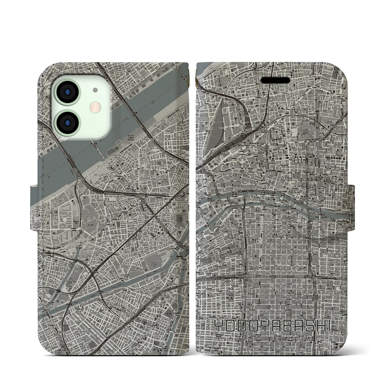 【淀屋橋(大阪府)】地図柄iPhoneケース(手帳タイプ)モノトーン・iPhone 12 mini 用
