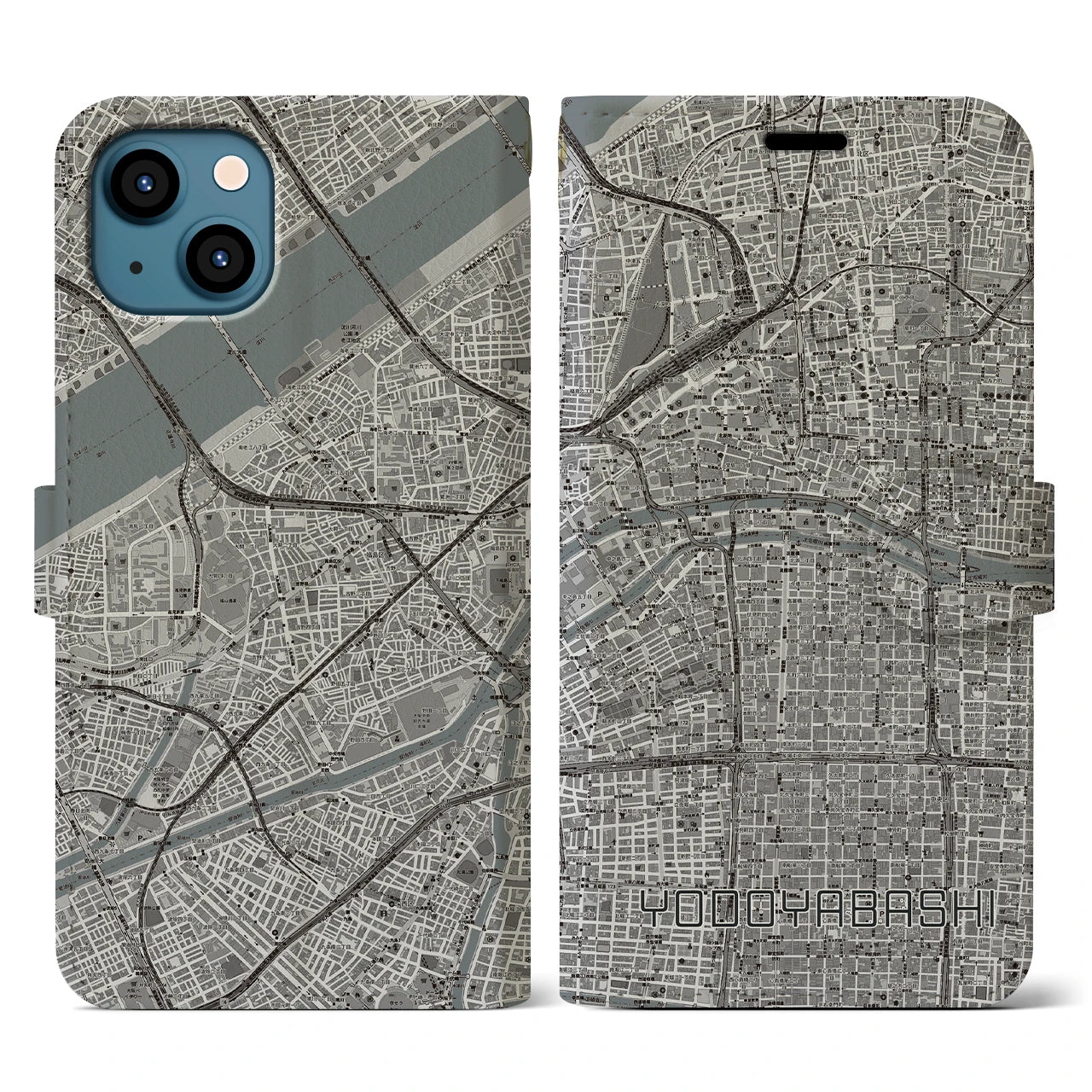 【淀屋橋(大阪府)】地図柄iPhoneケース(手帳タイプ)モノトーン・iPhone 13 用