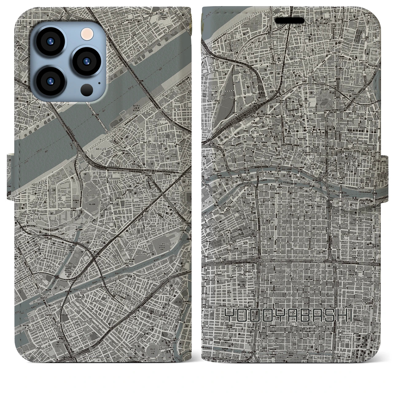 【淀屋橋(大阪府)】地図柄iPhoneケース(手帳タイプ)モノトーン・iPhone 13 Pro Max 用