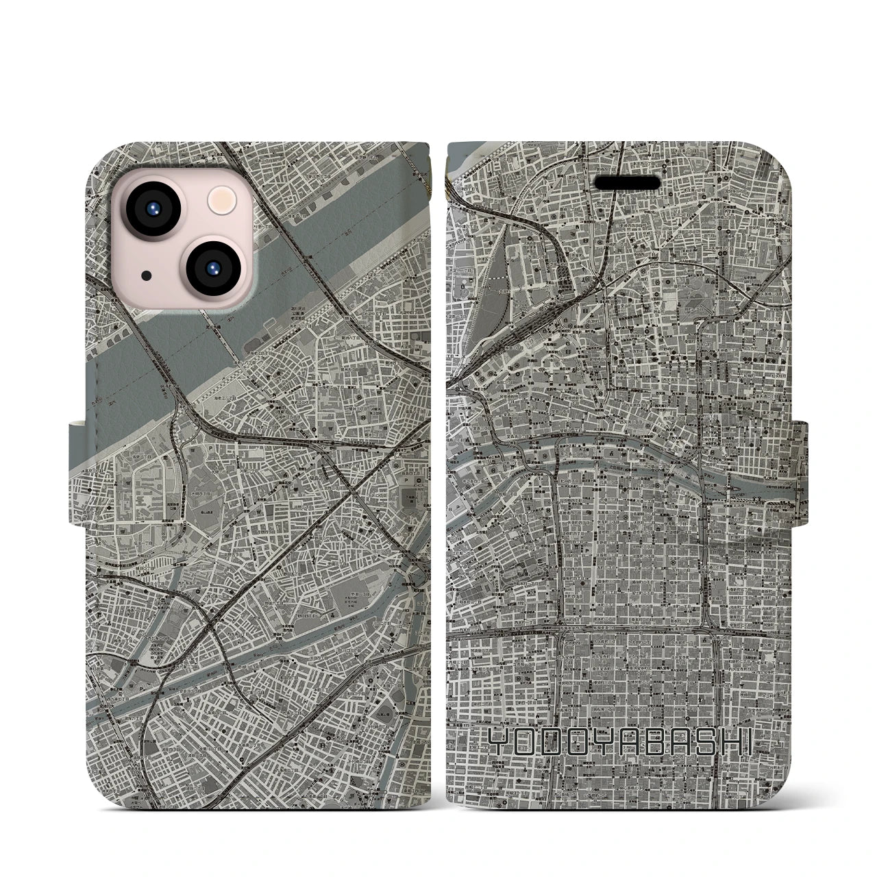 【淀屋橋(大阪府)】地図柄iPhoneケース(手帳タイプ)モノトーン・iPhone 13 mini 用