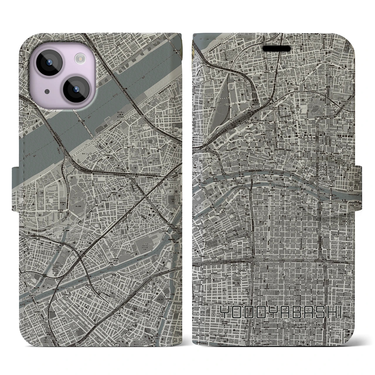 【淀屋橋(大阪府)】地図柄iPhoneケース(手帳タイプ)モノトーン・iPhone 14 用