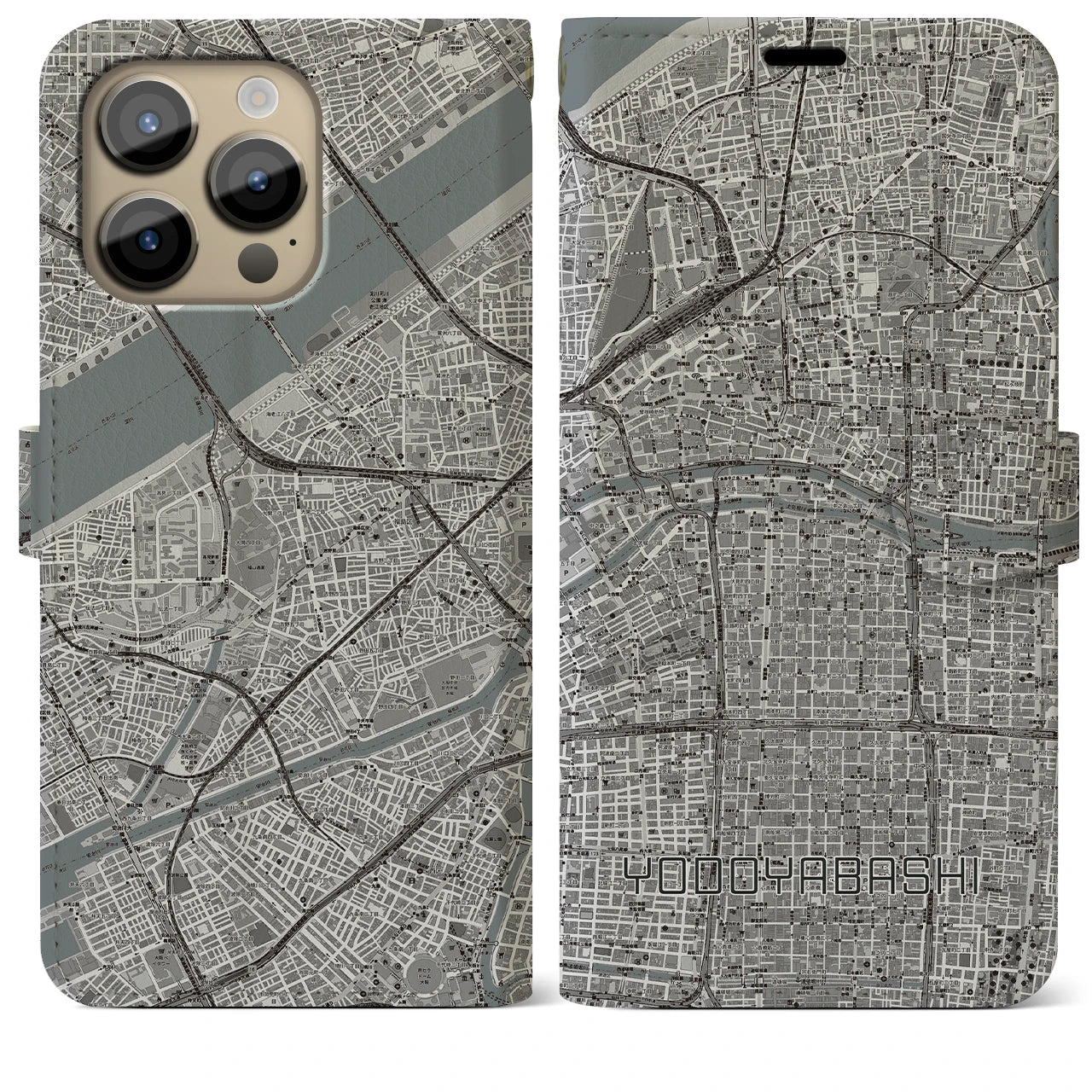【淀屋橋(大阪府)】地図柄iPhoneケース(手帳タイプ)モノトーン・iPhone 14 Pro Max 用