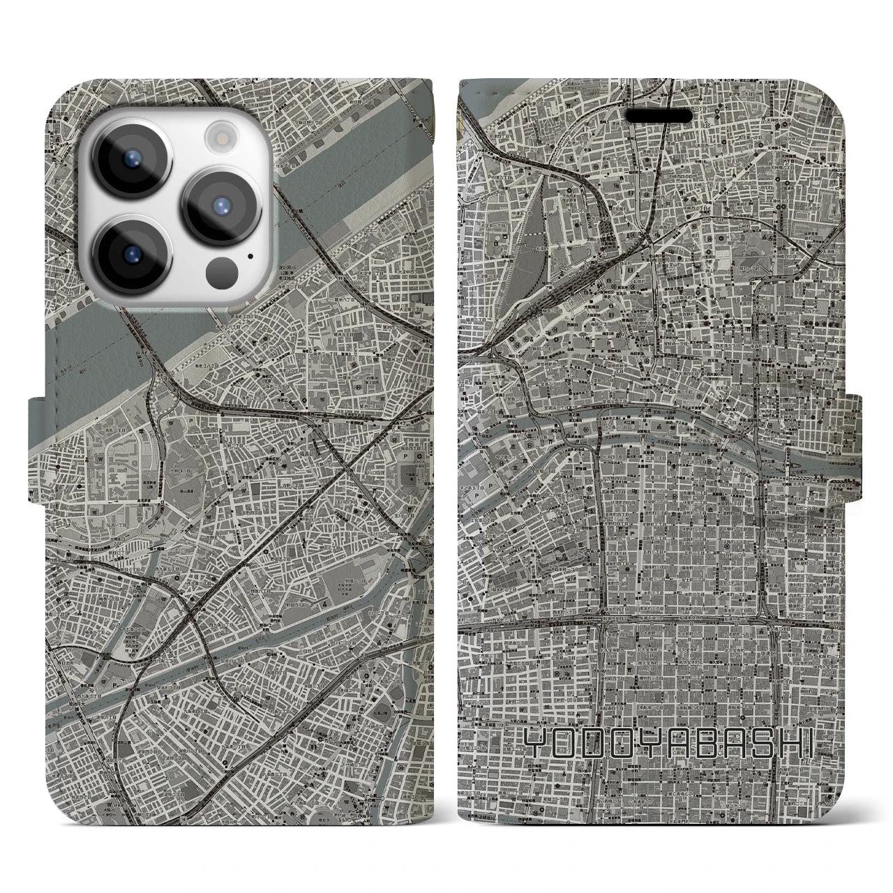 【淀屋橋(大阪府)】地図柄iPhoneケース(手帳タイプ)モノトーン・iPhone 14 Pro 用