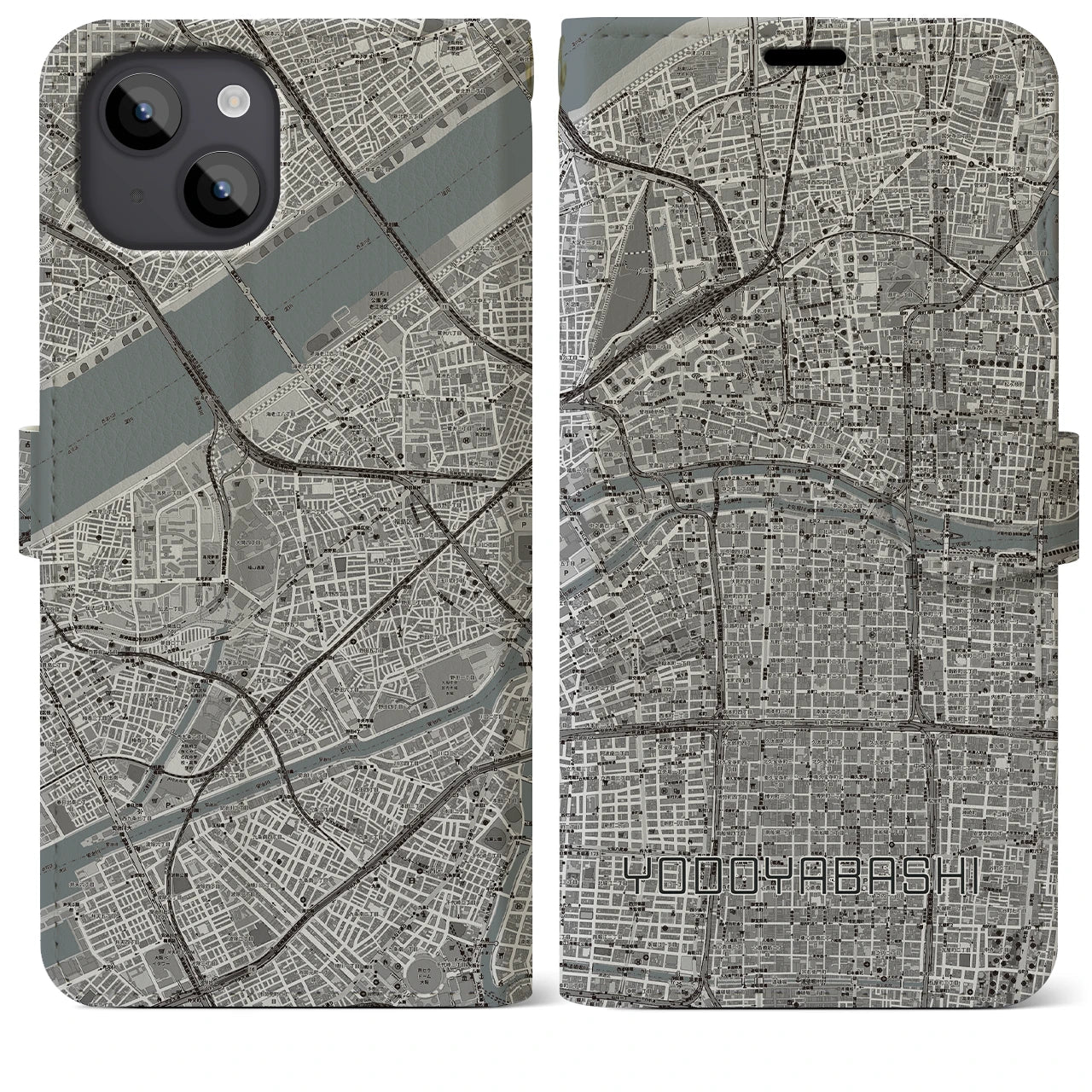 【淀屋橋(大阪府)】地図柄iPhoneケース(手帳タイプ)モノトーン・iPhone 14 Plus 用