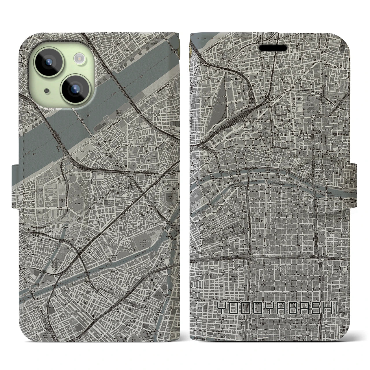 【淀屋橋(大阪府)】地図柄iPhoneケース(手帳タイプ)モノトーン・iPhone 15 用