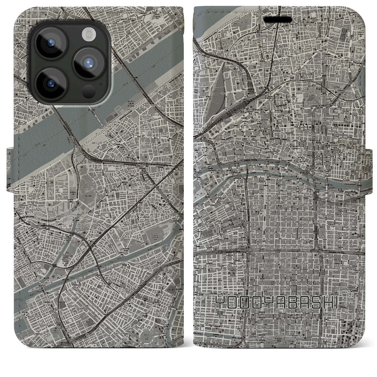 【淀屋橋(大阪府)】地図柄iPhoneケース(手帳タイプ)モノトーン・iPhone 15 Pro Max 用
